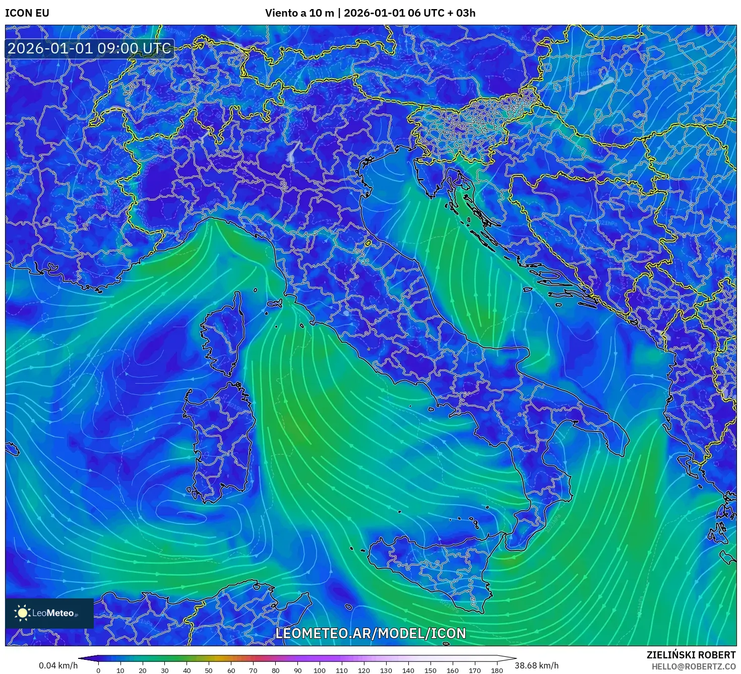 ICON model - Italia, Viento a 10 m