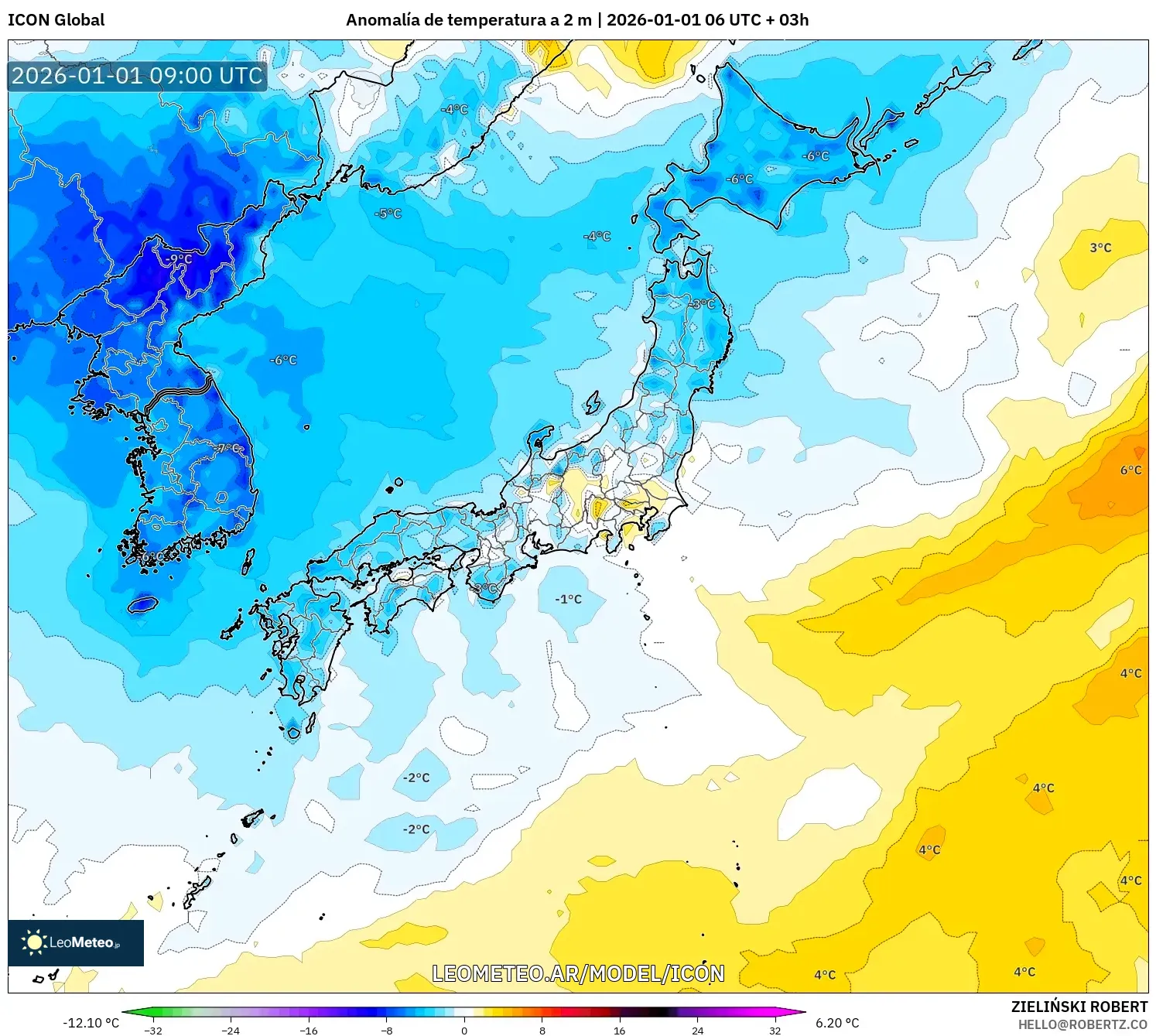 ICON model - Japón, Anomalía de temperatura a 2 m