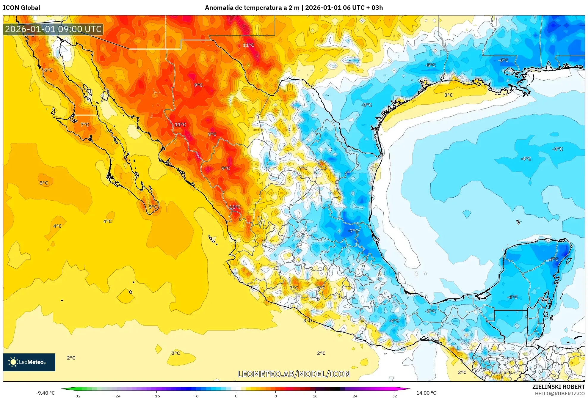 ICON model - México, Anomalía de temperatura a 2 m