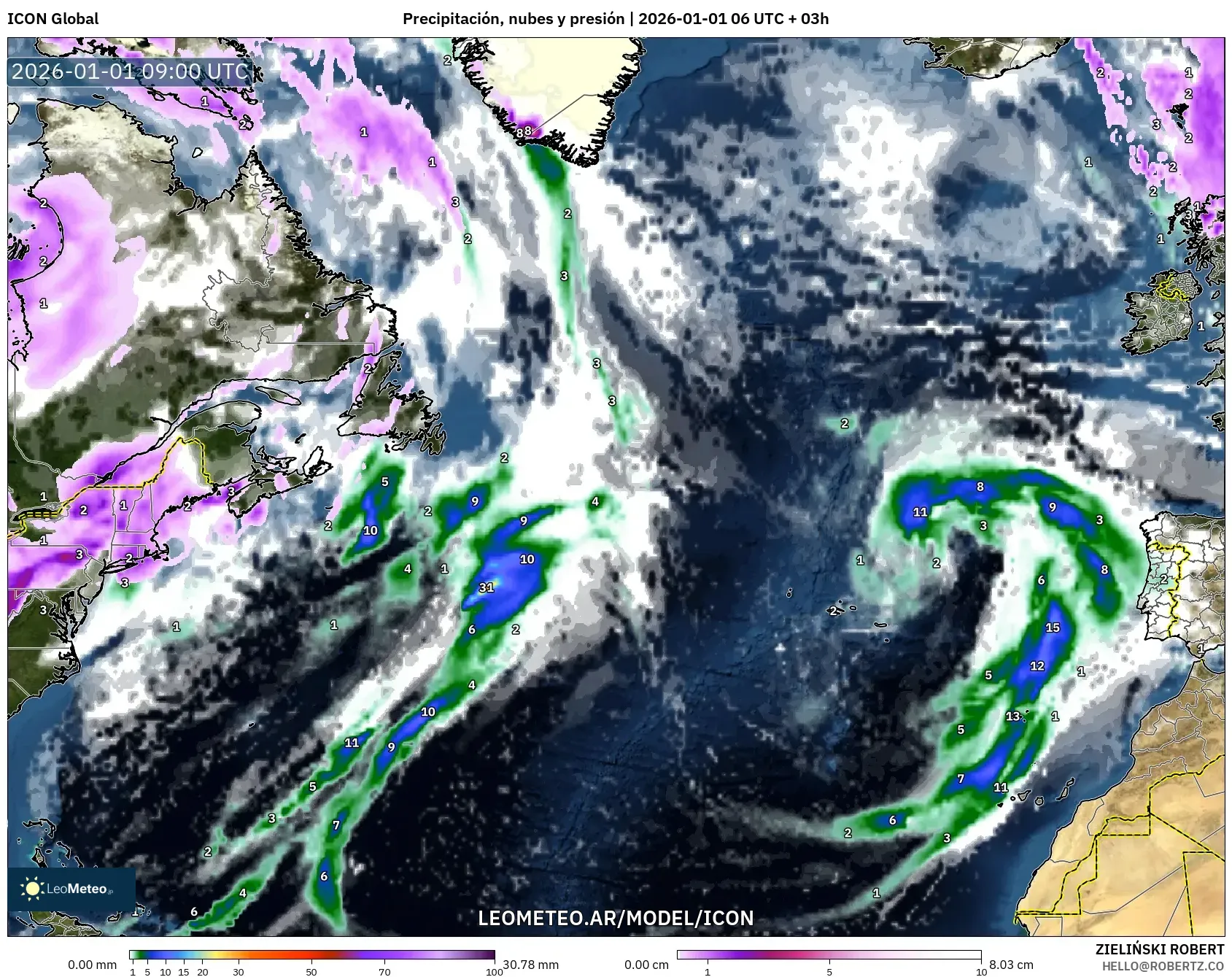 ICON model - Norte Atlántico, Precipitación, nubes y presión