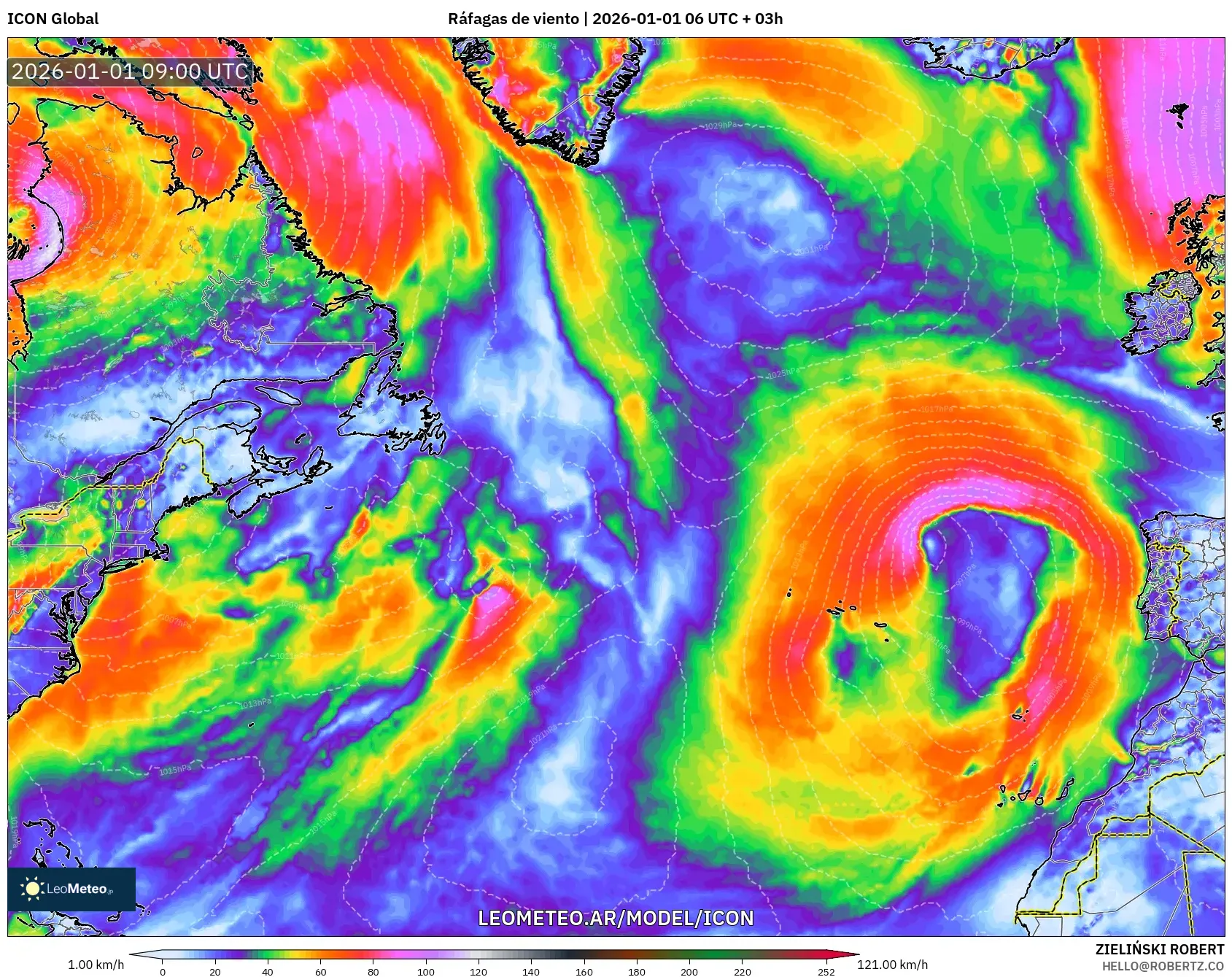 ICON model - Norte Atlántico, Ráfagas de viento