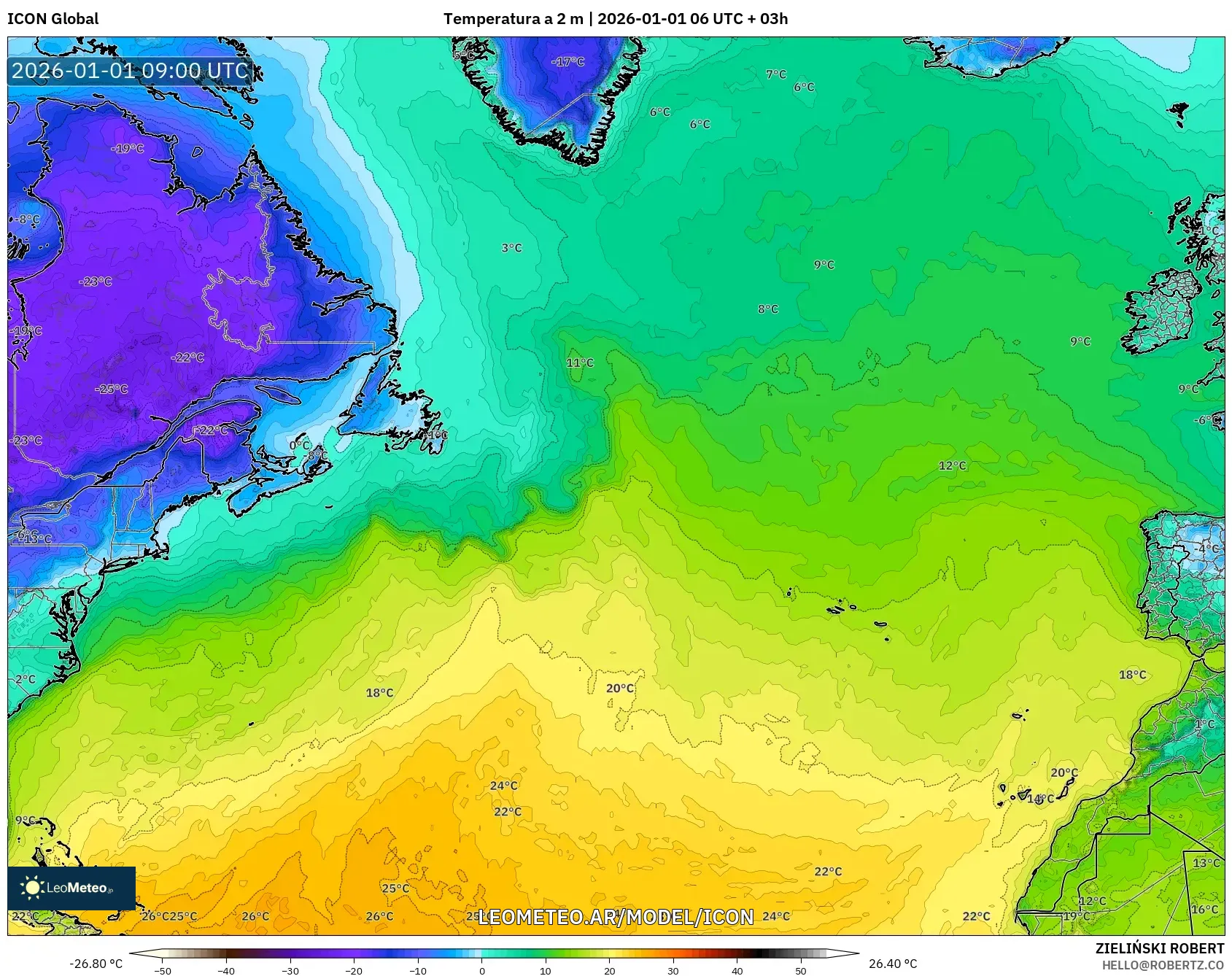 ICON model - Norte Atlántico, Temperatura a 2 m
