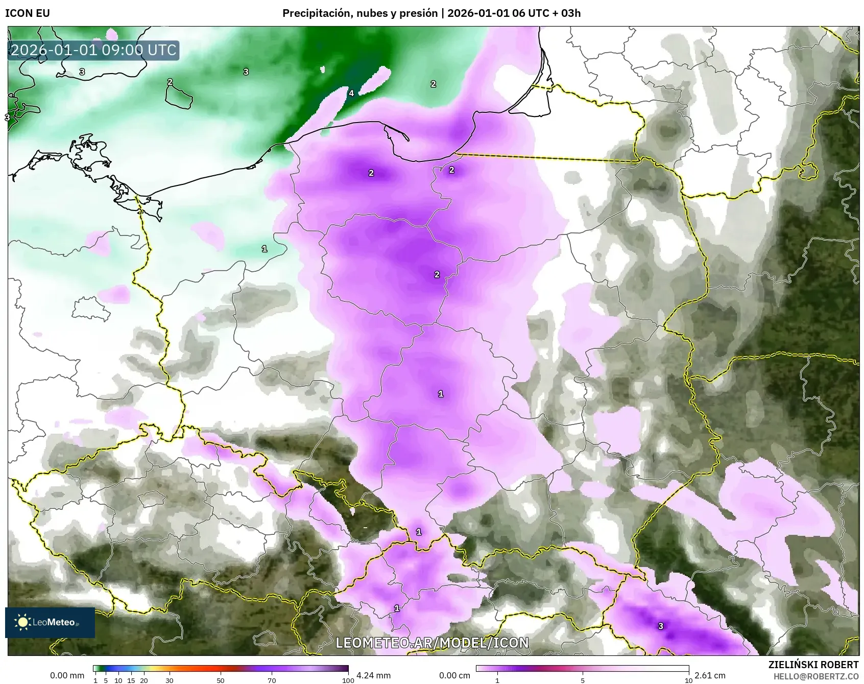 ICON model - Polonia, Precipitación, nubes y presión