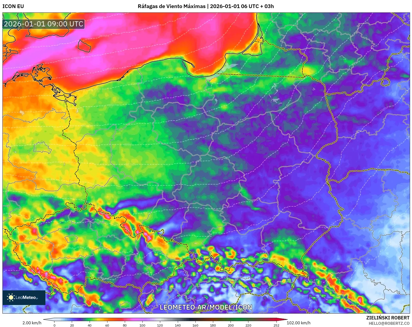 ICON model - Polonia, Ráfagas de Viento Máximas