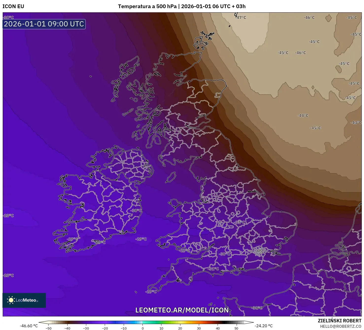 ICON model - Reino Unido, Temperatura a 500 hPa