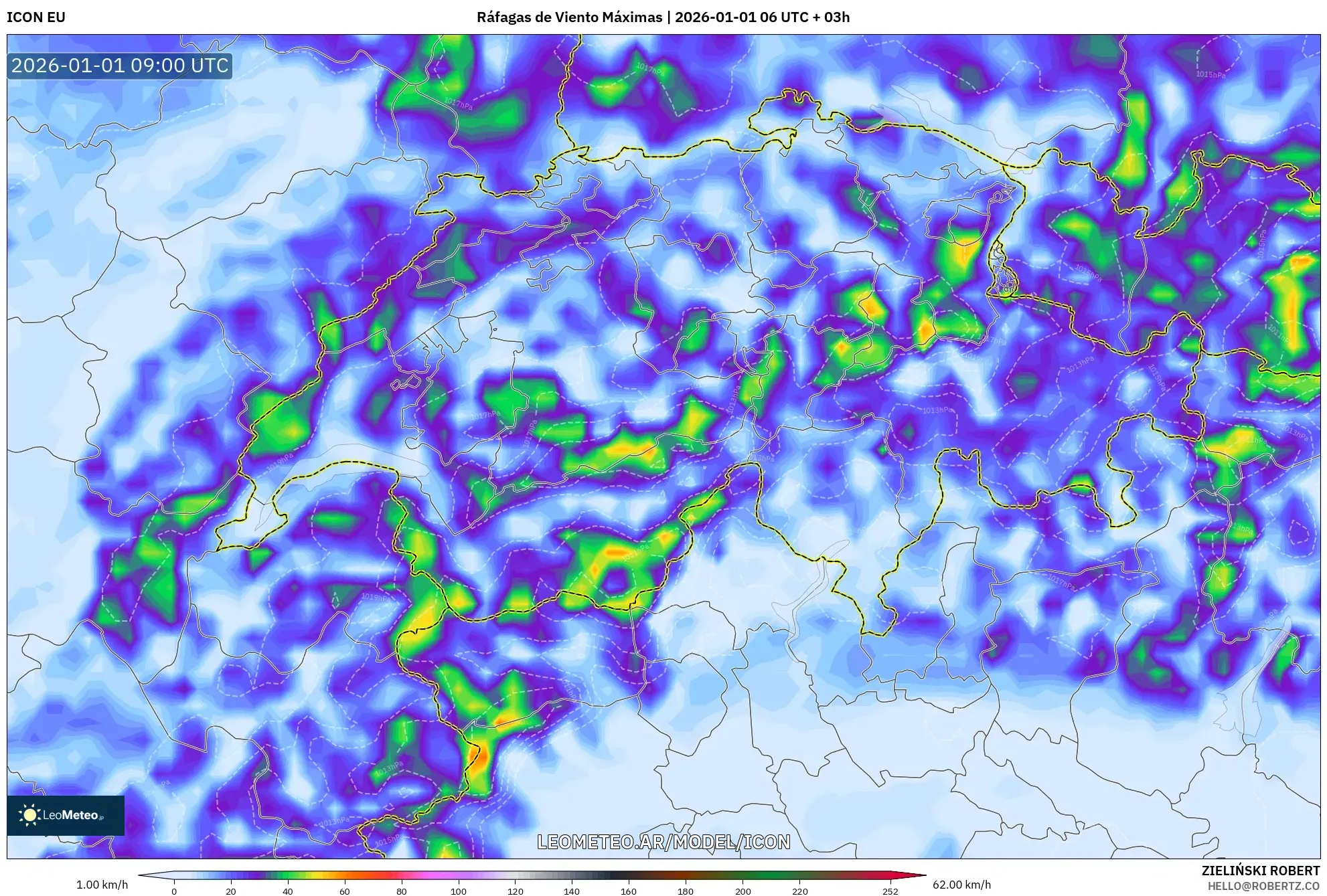 ICON model - Suiza, Ráfagas de Viento Máximas