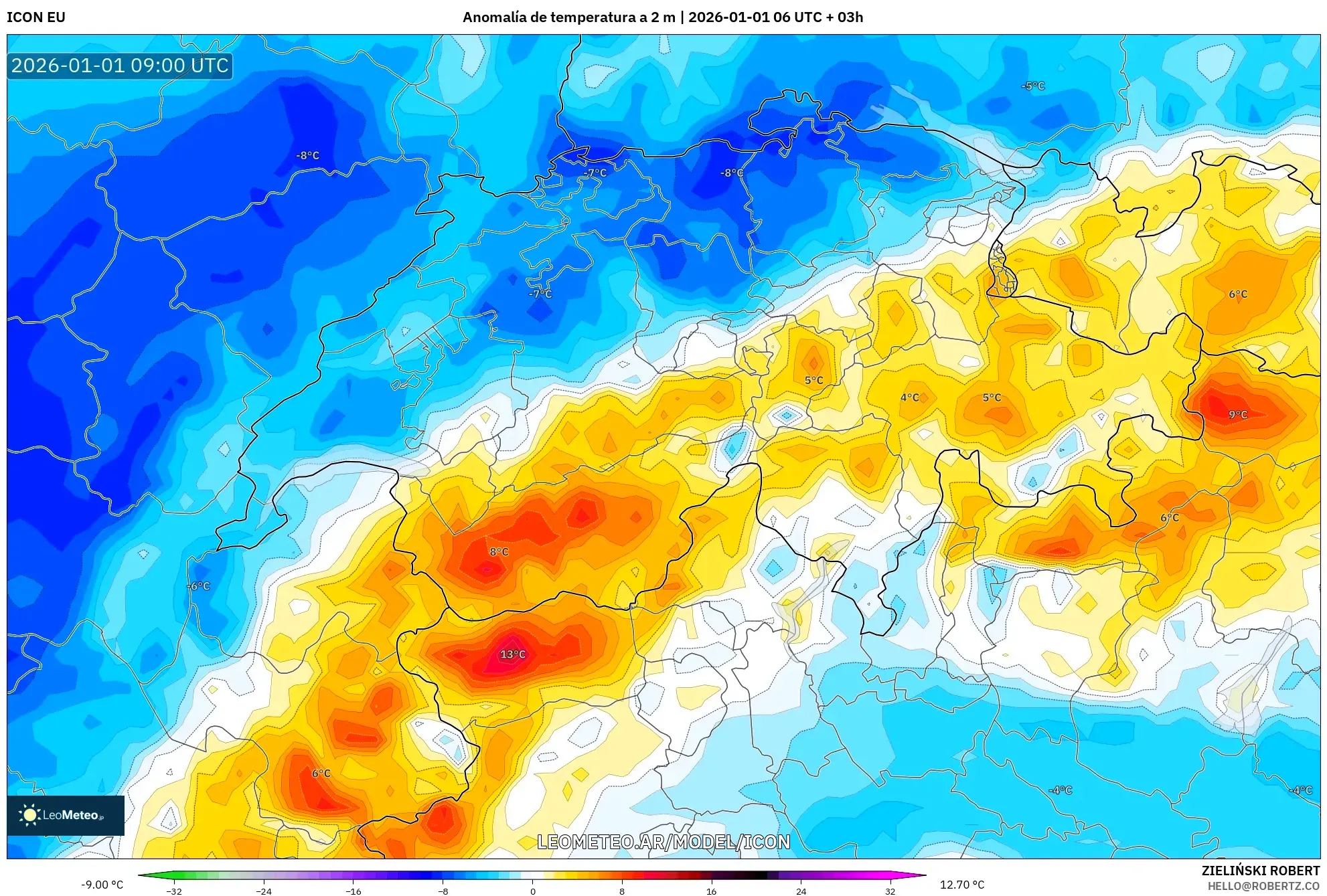 ICON model - Suiza, Anomalía de temperatura a 2 m