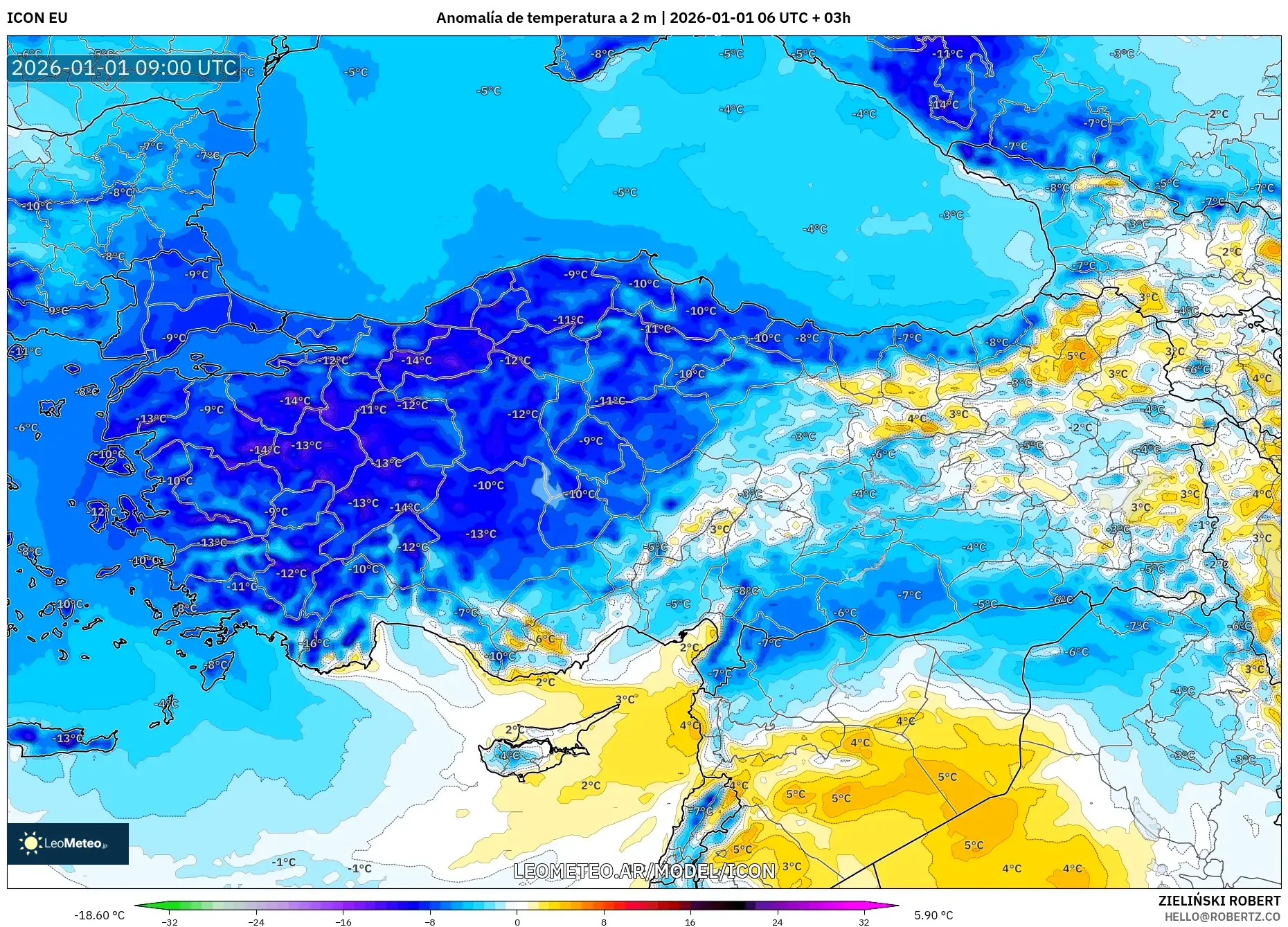 ICON model - Turquía, Anomalía de temperatura a 2 m