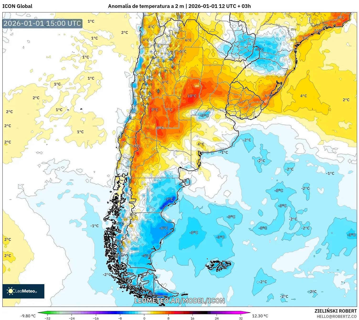 ICON model - Argentina, Anomalía de temperatura a 2 m