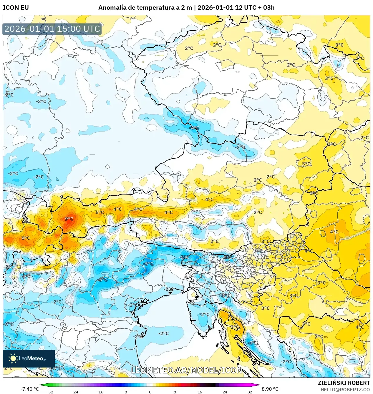 ICON model - Austria, Anomalía de temperatura a 2 m