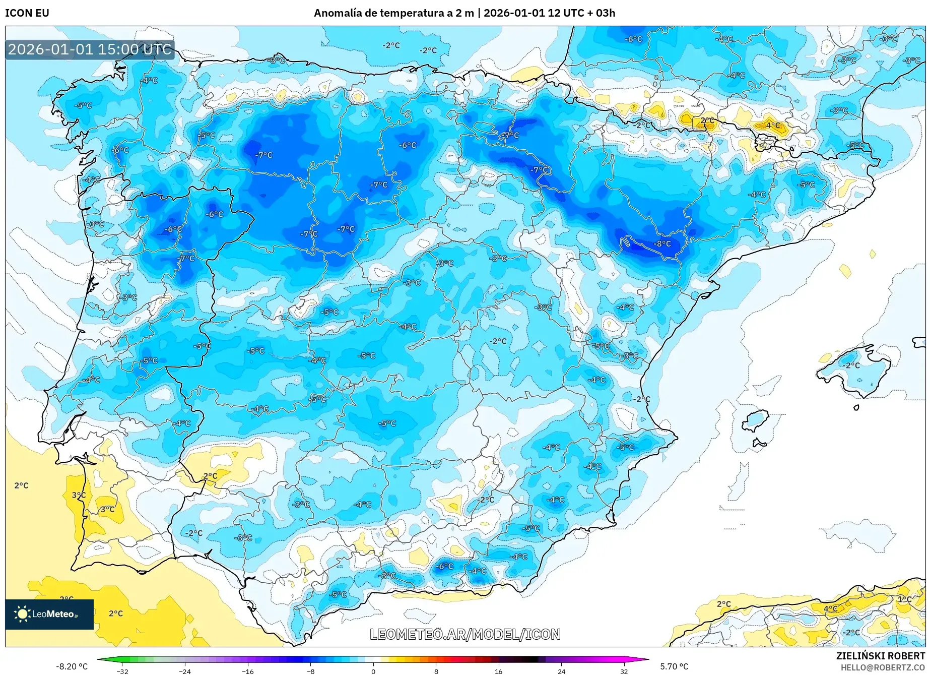 ICON model - España, Anomalía de temperatura a 2 m