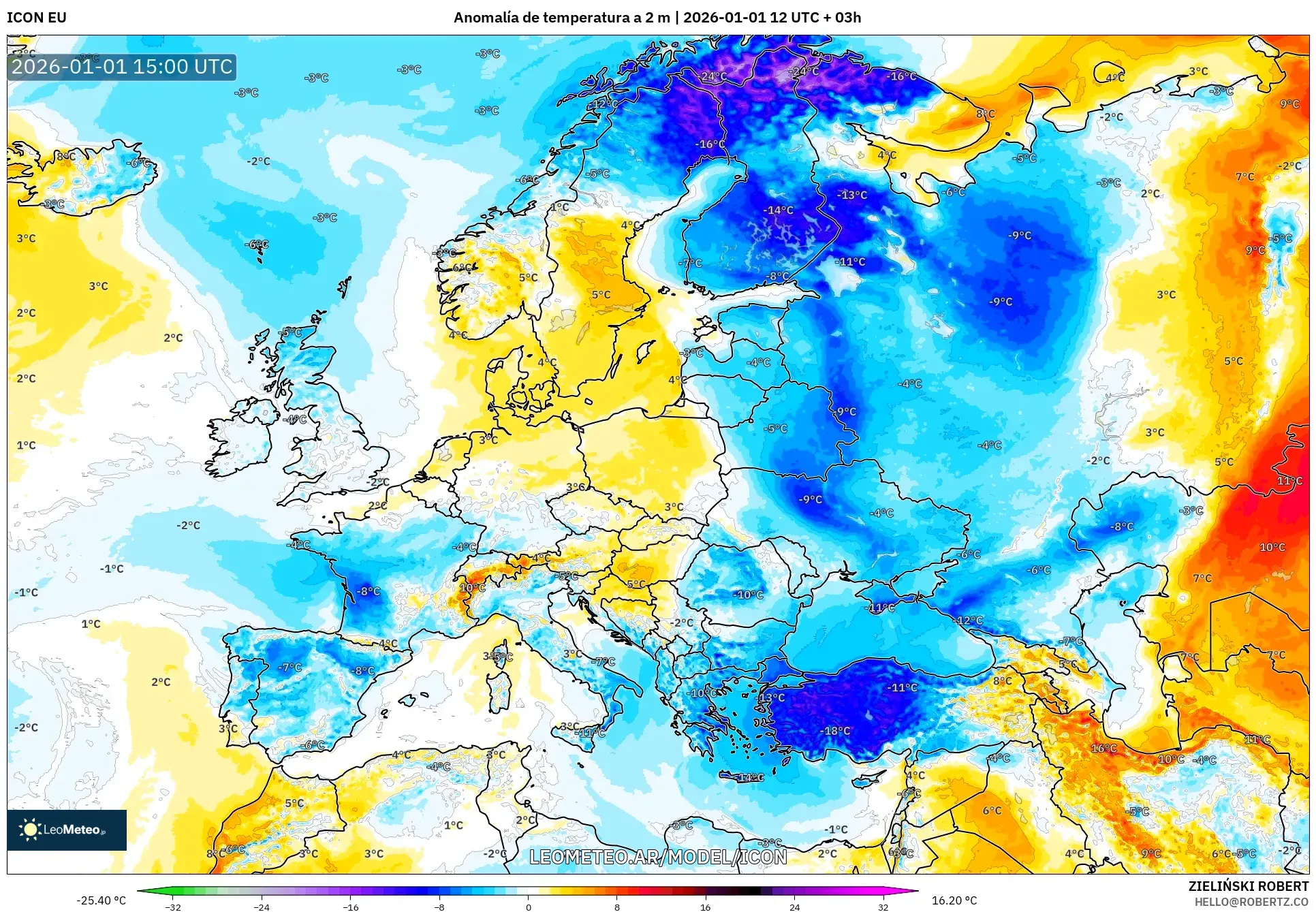 ICON model - Europa, Anomalía de temperatura a 2 m