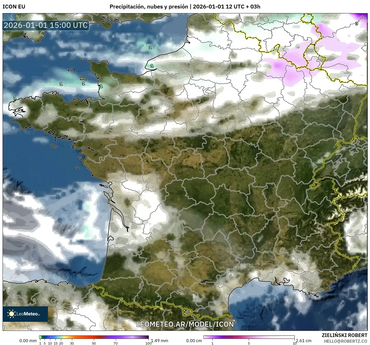 ICON model - Francia, Precipitación, nubes y presión