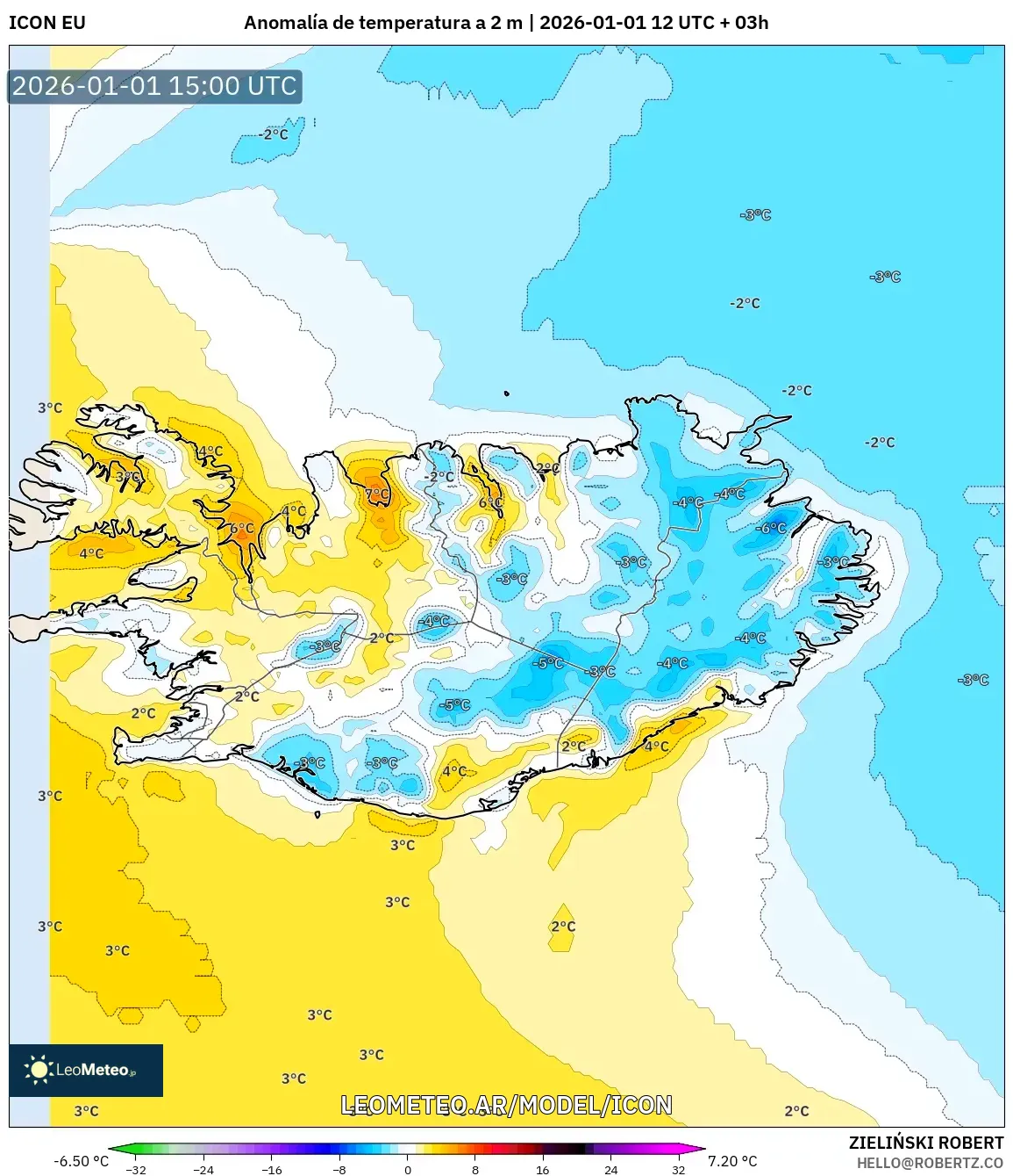 ICON model - Islandia, Anomalía de temperatura a 2 m