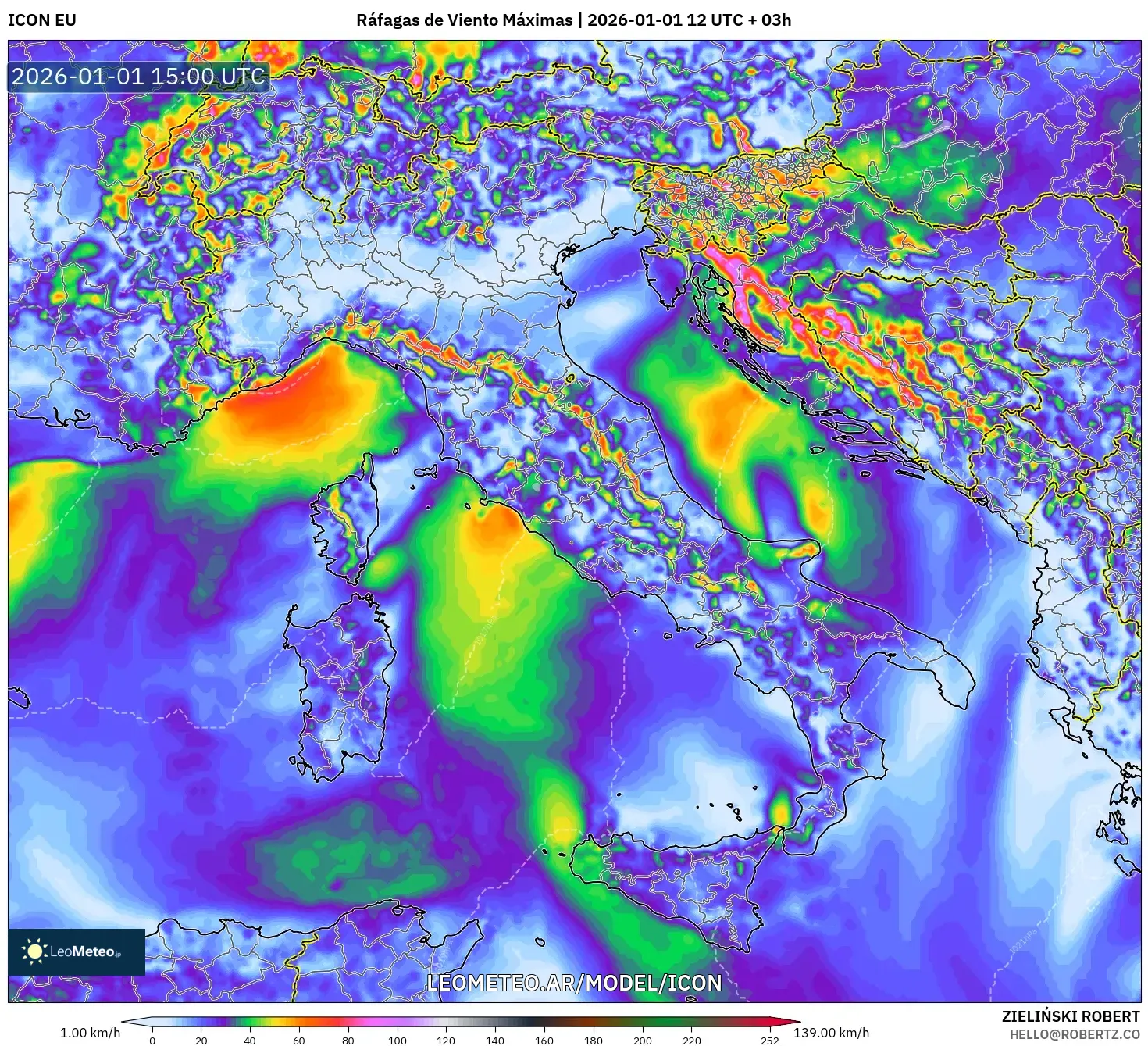 ICON model - Italia, Ráfagas de Viento Máximas