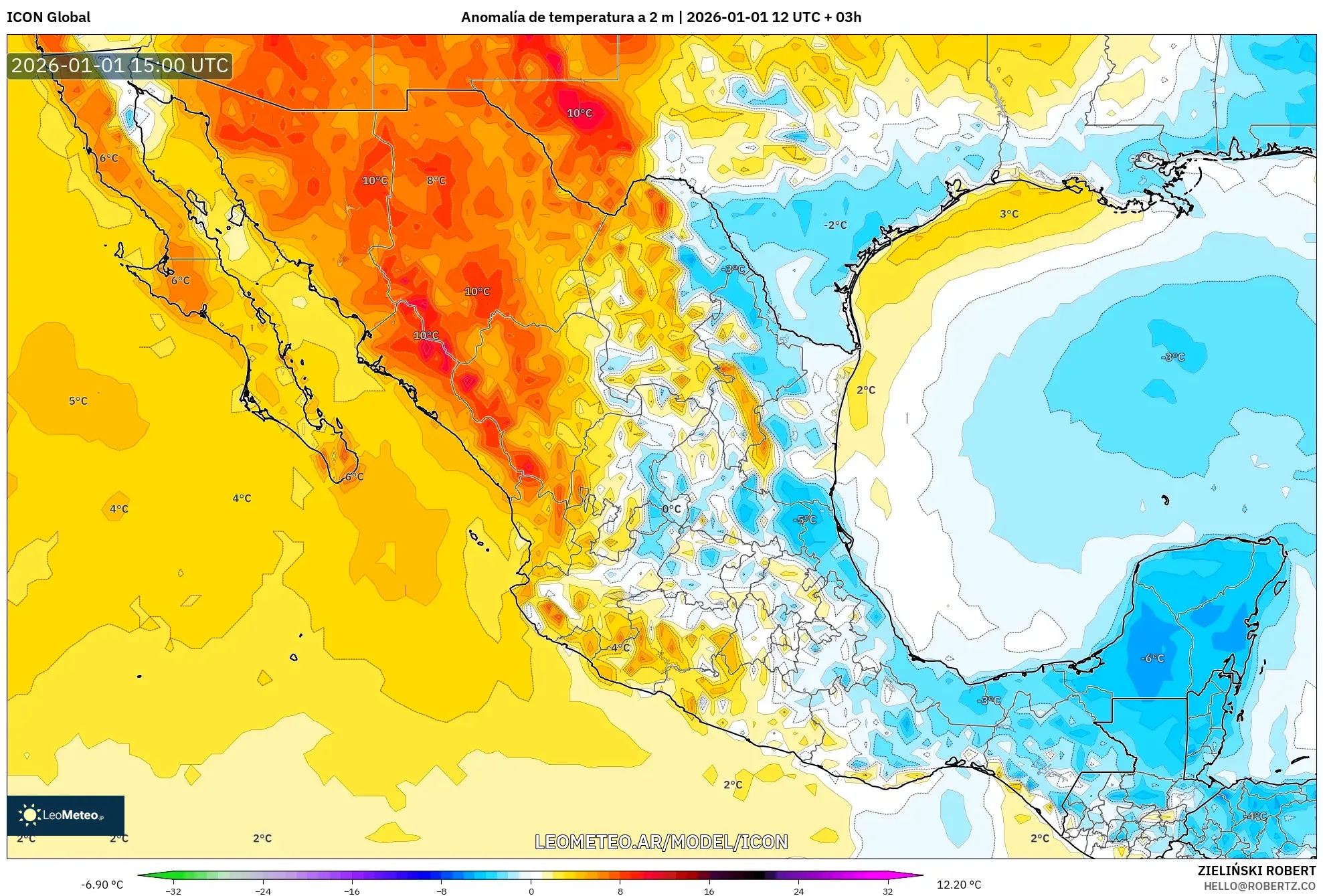 ICON model - México, Anomalía de temperatura a 2 m
