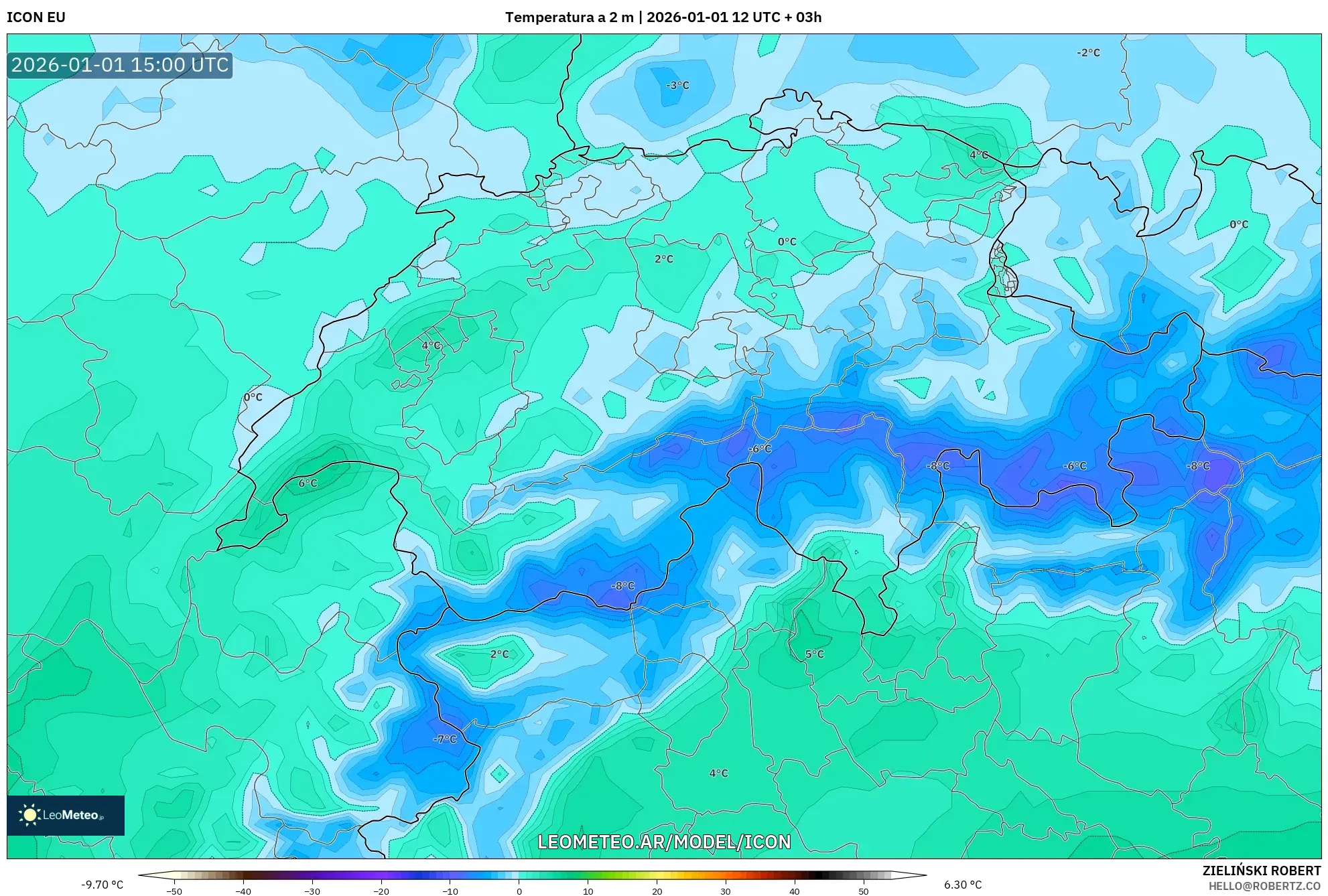 ICON model - Suiza, Temperatura a 2 m