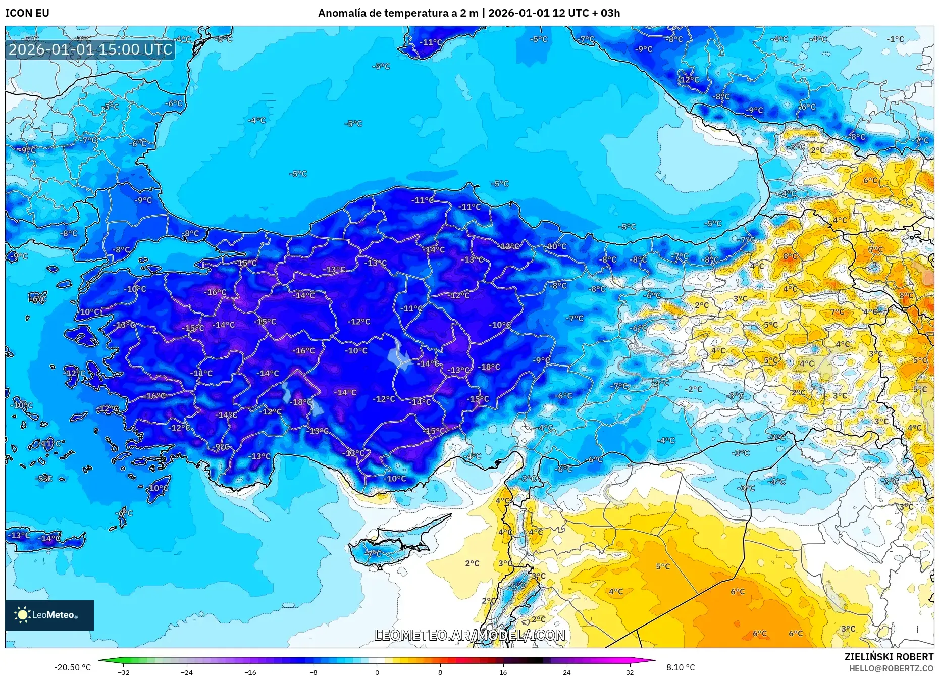 ICON model - Turquía, Anomalía de temperatura a 2 m