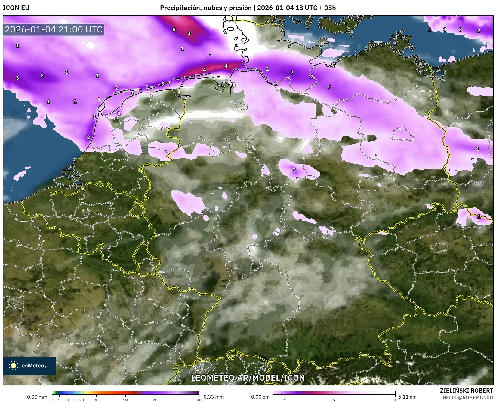 ICON model - Alemania, Precipitación, nubes y presión
