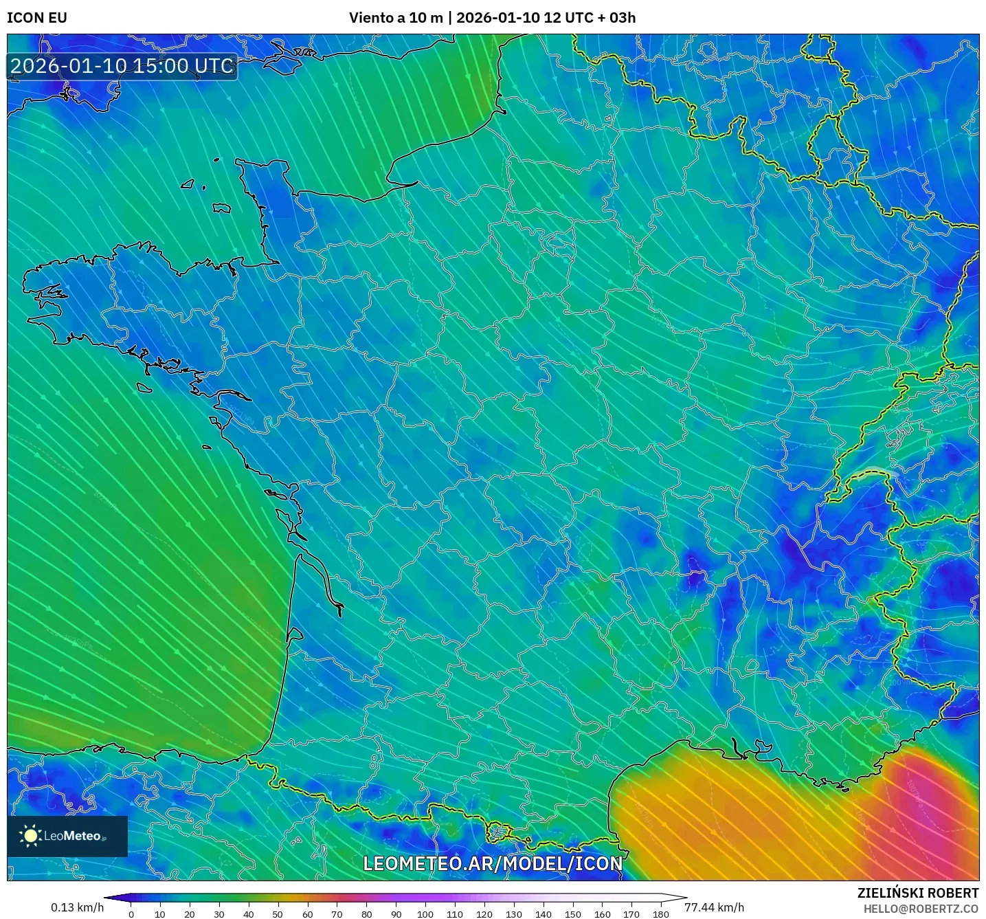 ICON model - Francia, Viento a 10 m
