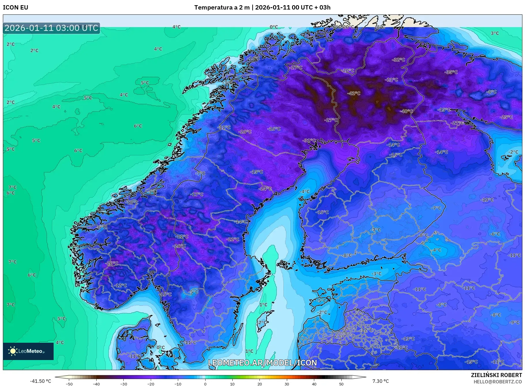ICON model - Escandinavia, Temperatura a 2 m