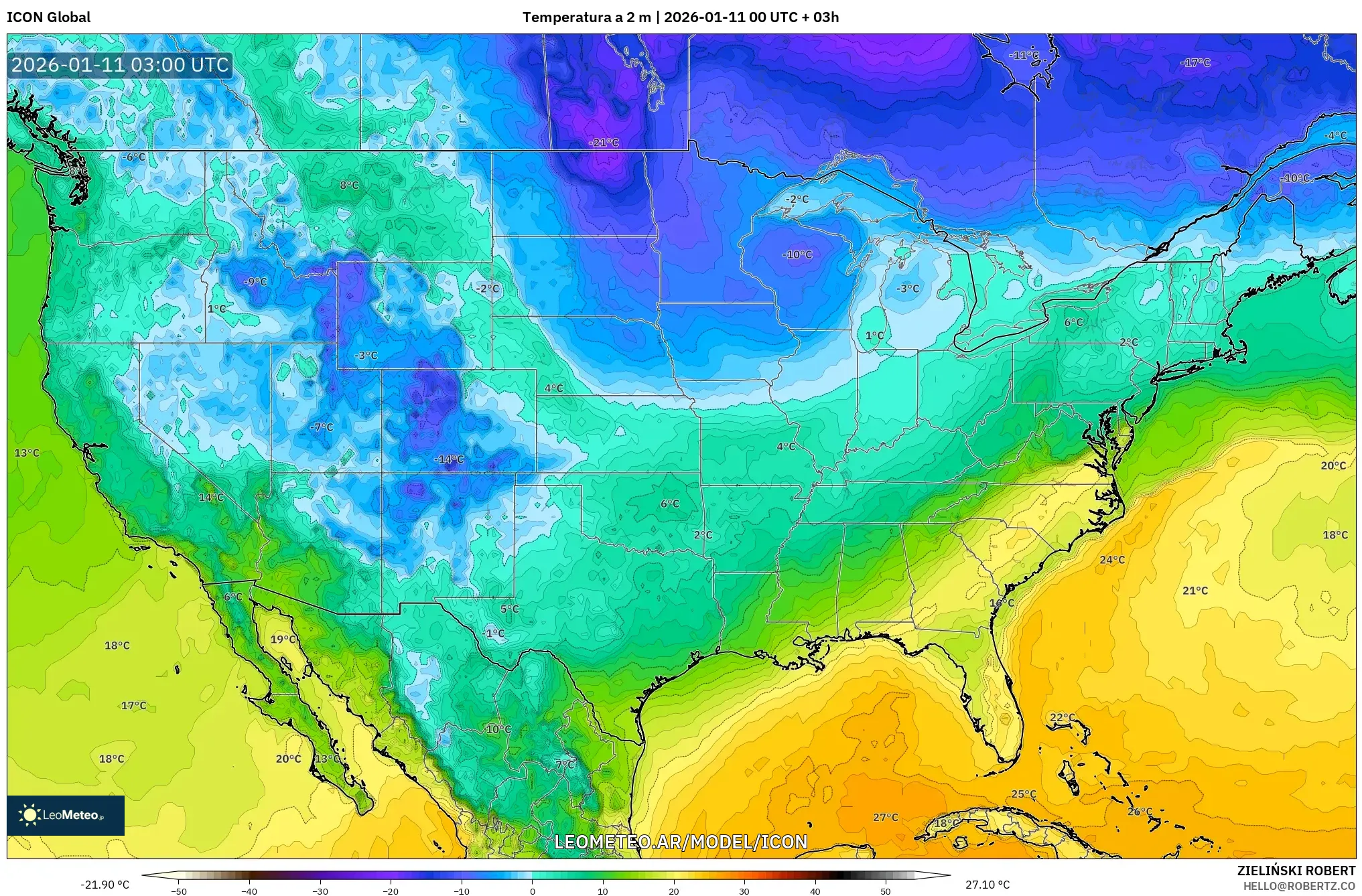 ICON model - Estados Unidos, Temperatura a 2 m