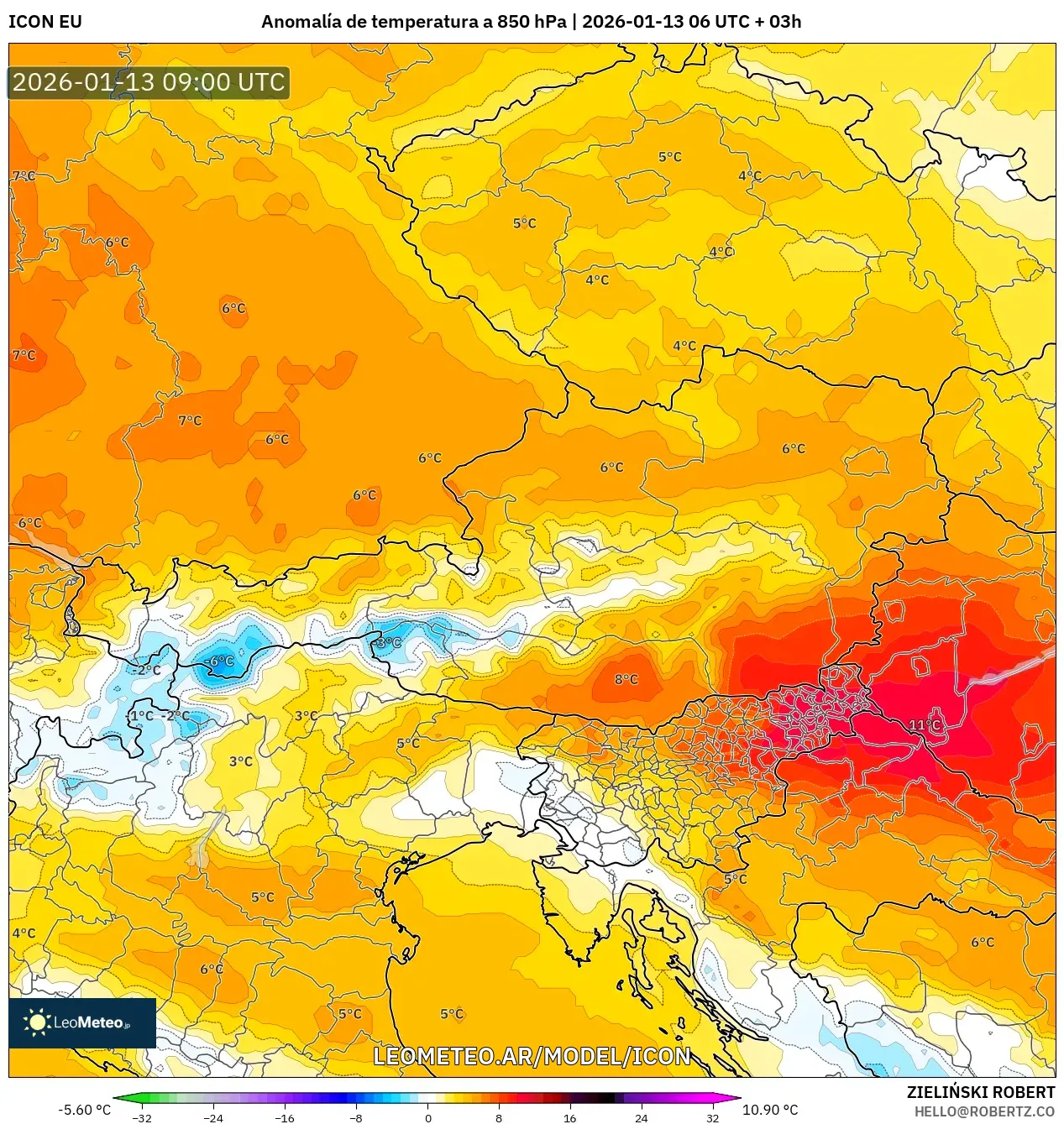 ICON model - Austria, Anomalía de temperatura a 850 hPa