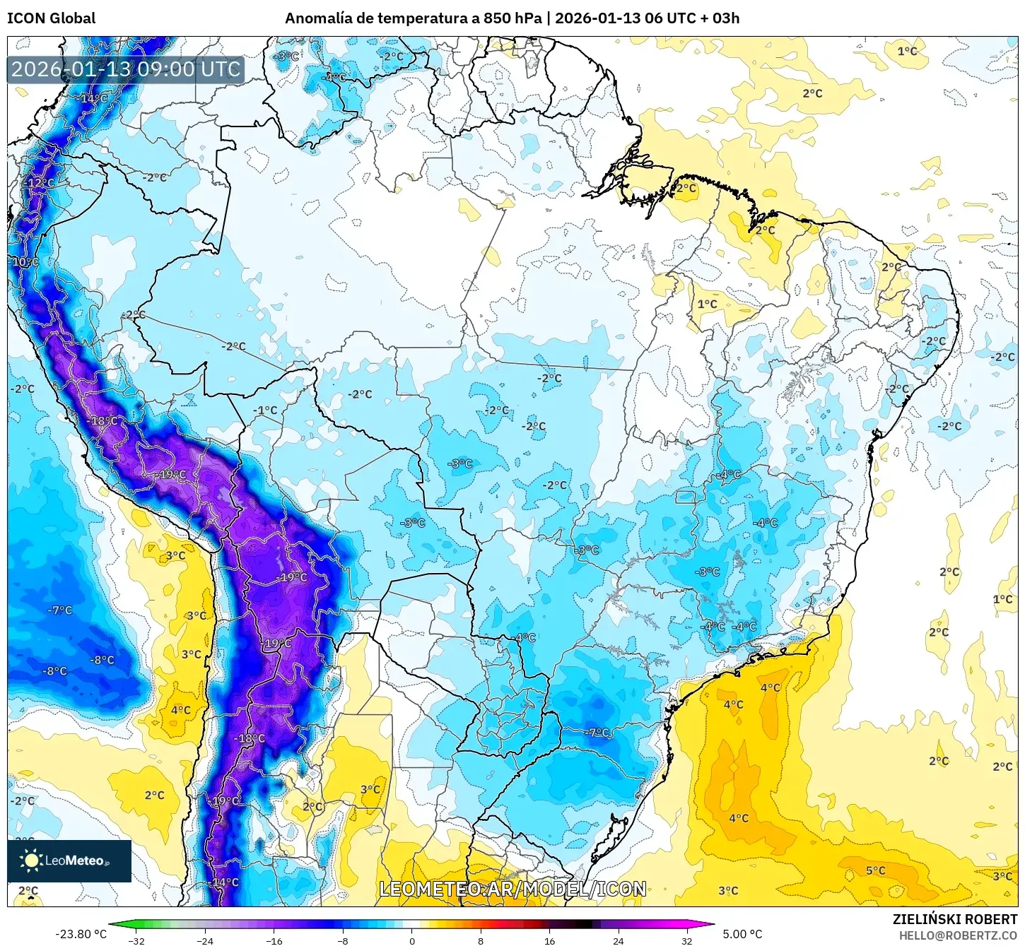 ICON model - Brasil, Anomalía de temperatura a 850 hPa