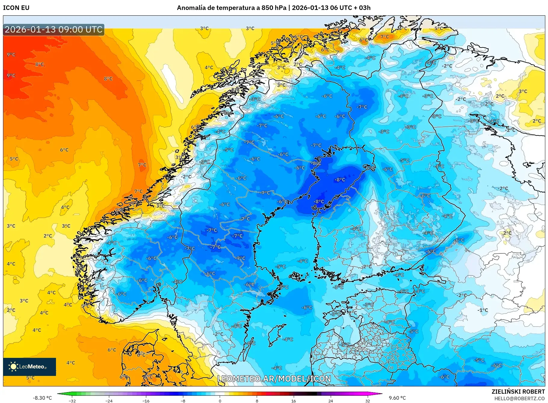 ICON model - Escandinavia, Anomalía de temperatura a 850 hPa