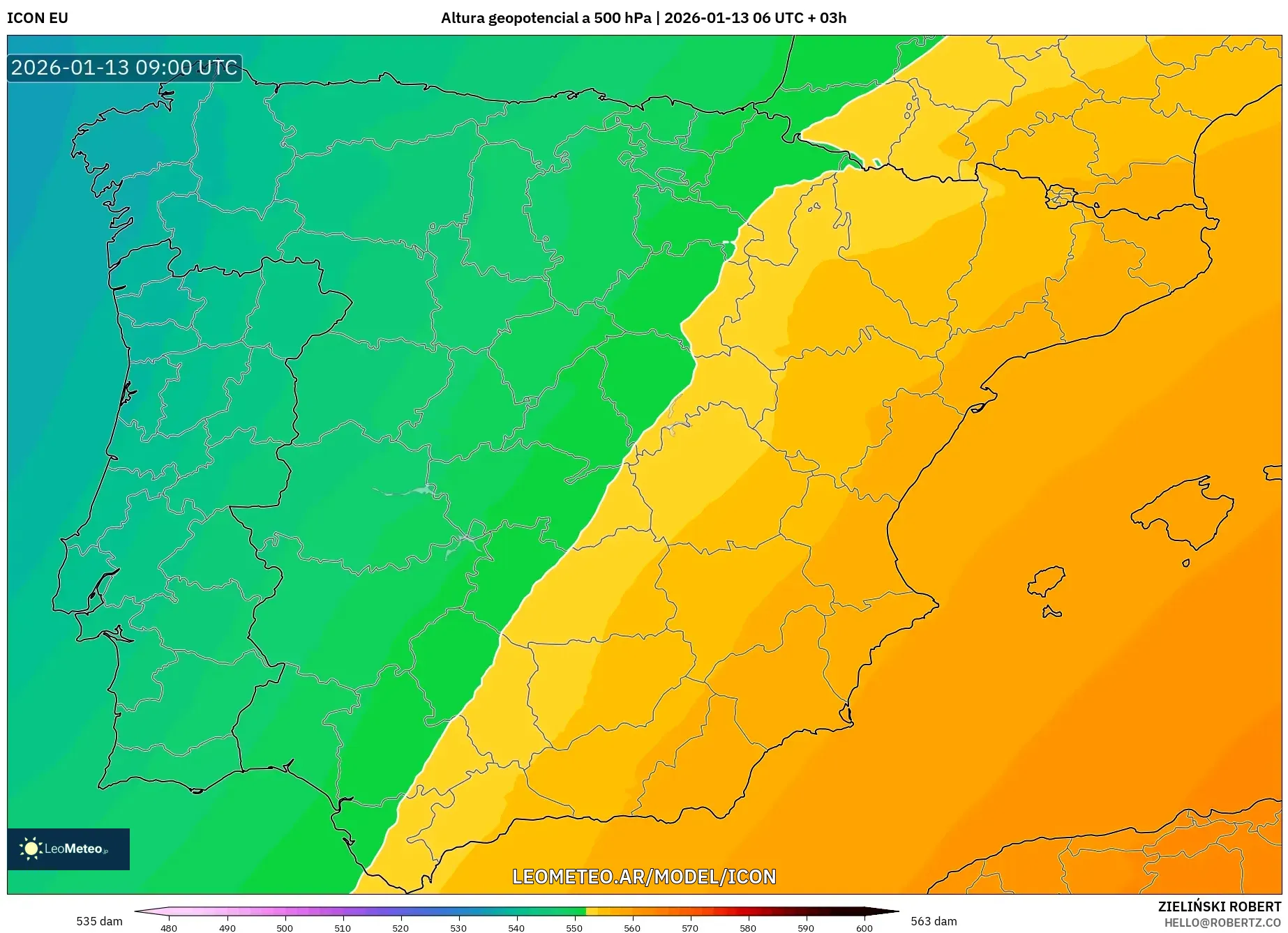 ICON model - España, Altura geopotencial a 500 hPa