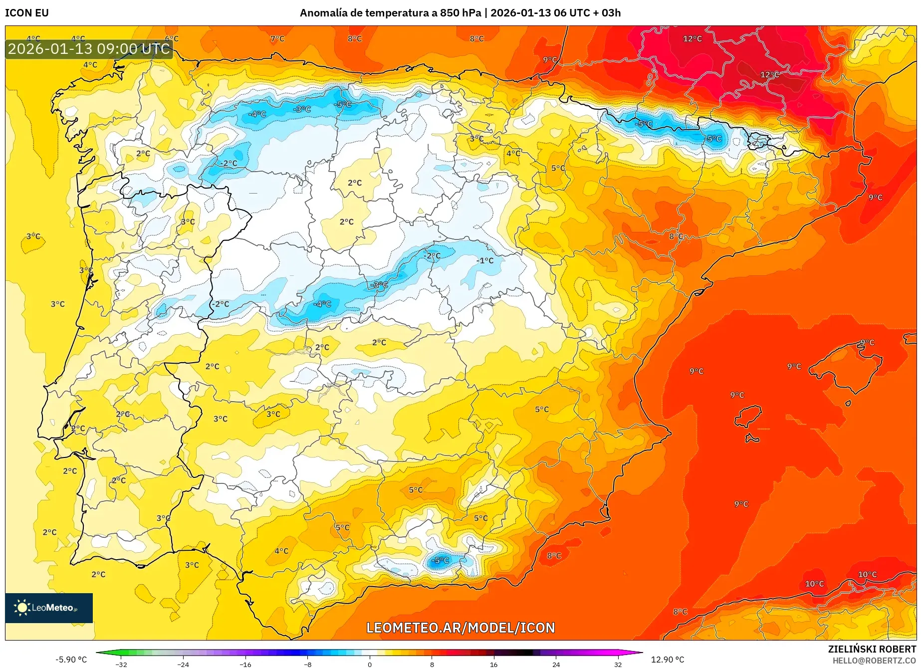 ICON model - España, Anomalía de temperatura a 850 hPa