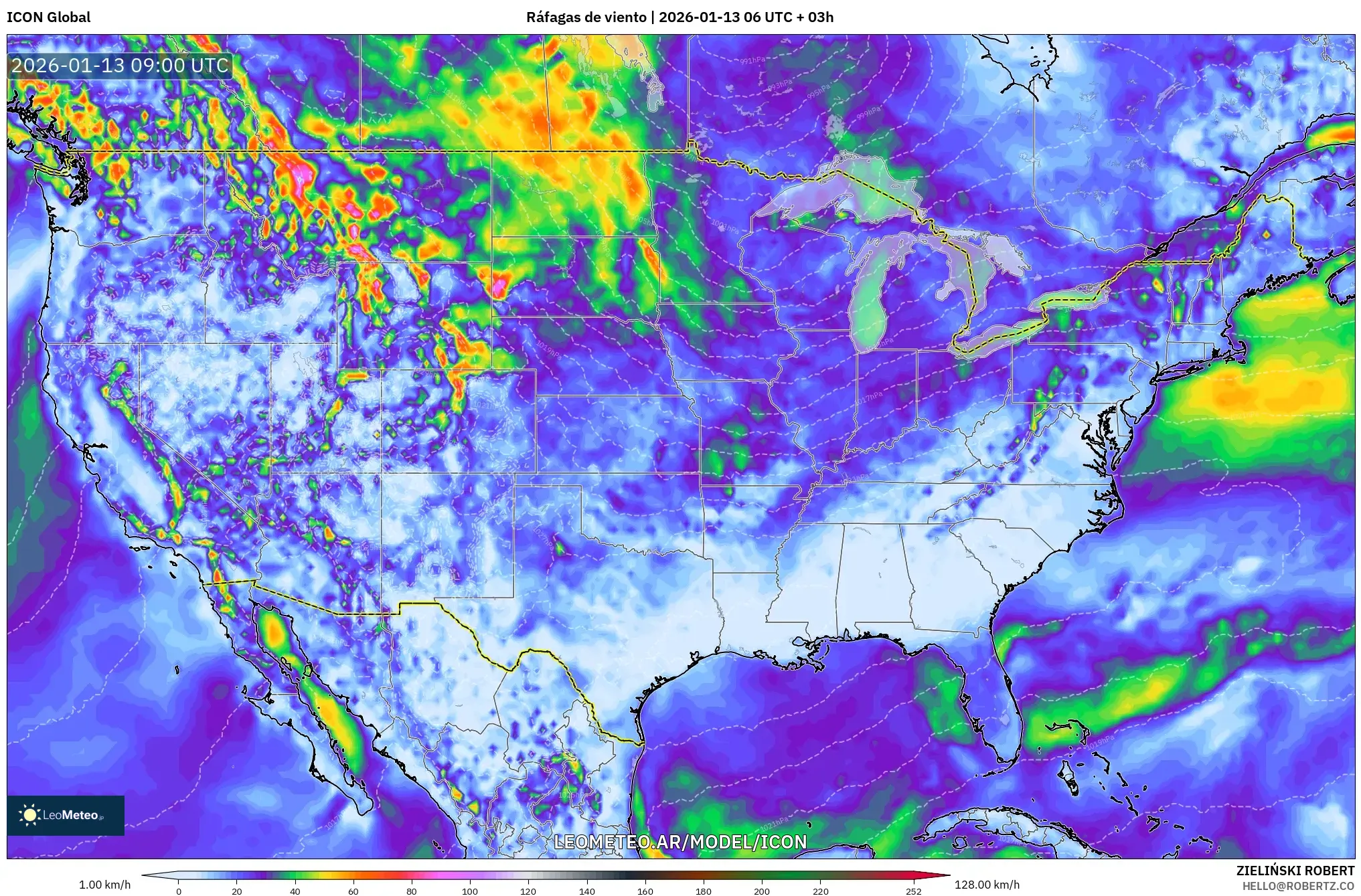 ICON model - Estados Unidos, Ráfagas de viento