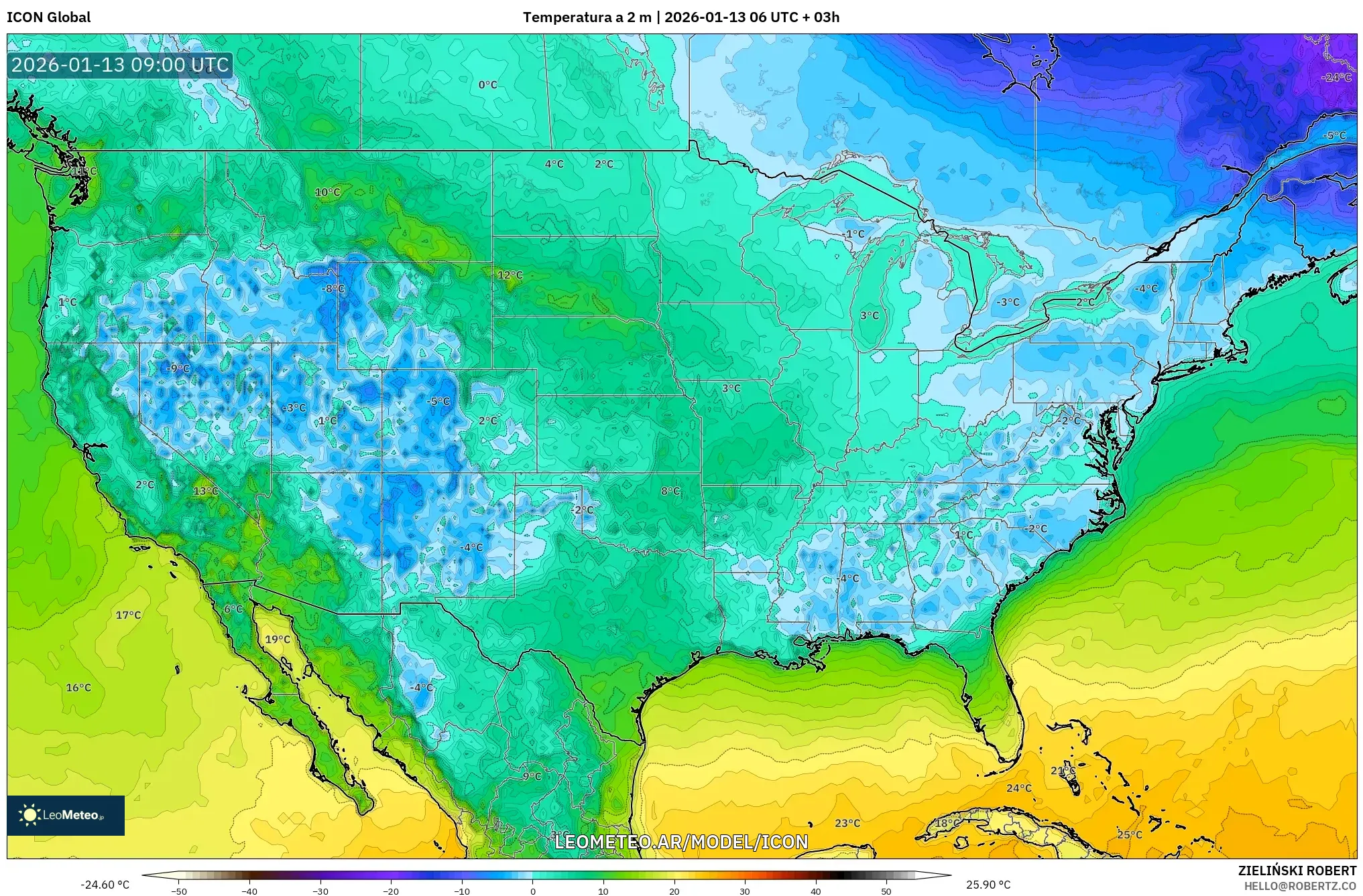 ICON model - Estados Unidos, Temperatura a 2 m