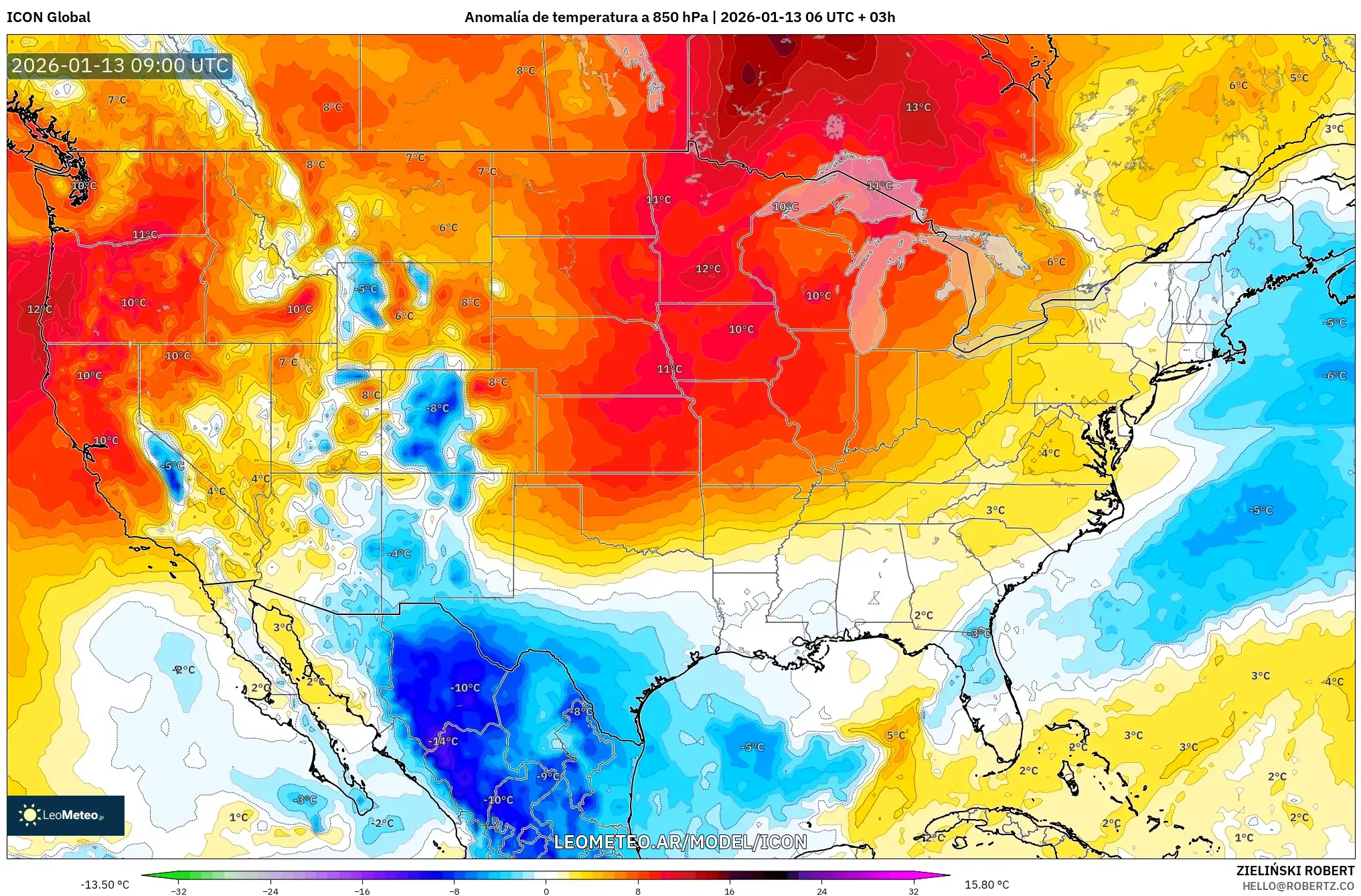 ICON model - Estados Unidos, Anomalía de temperatura a 850 hPa