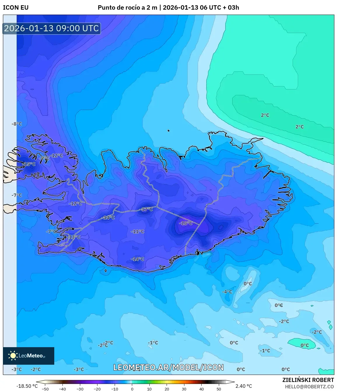 ICON model - Islandia, Punto de rocío a 2 m