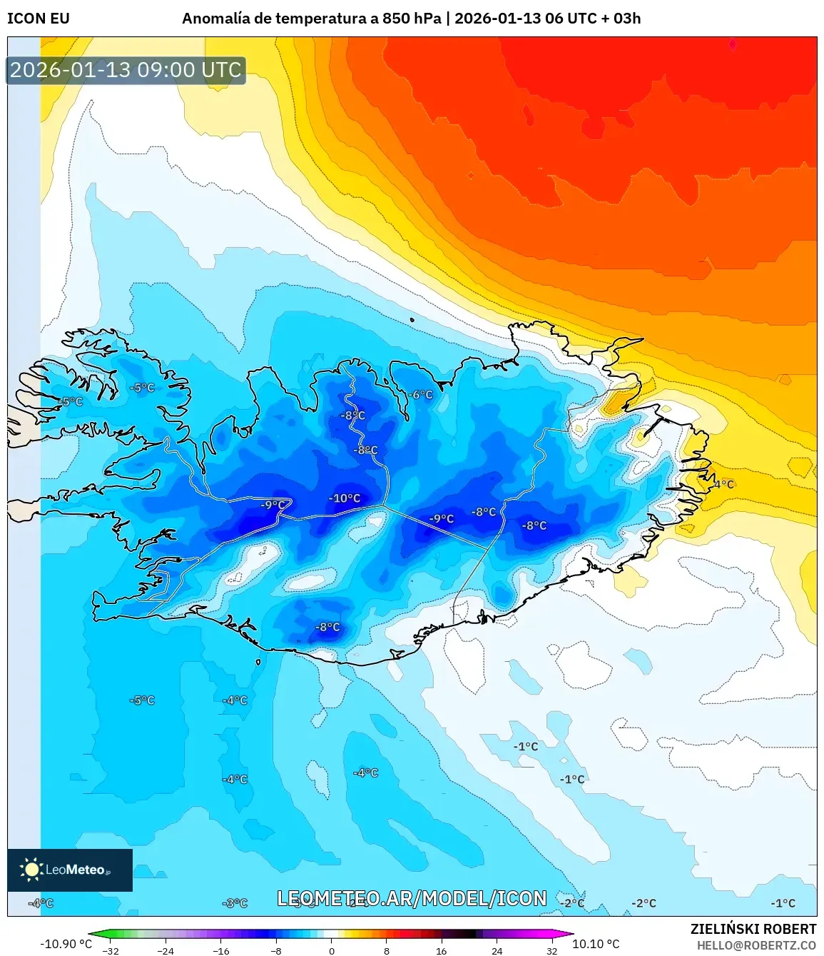 ICON model - Islandia, Anomalía de temperatura a 850 hPa