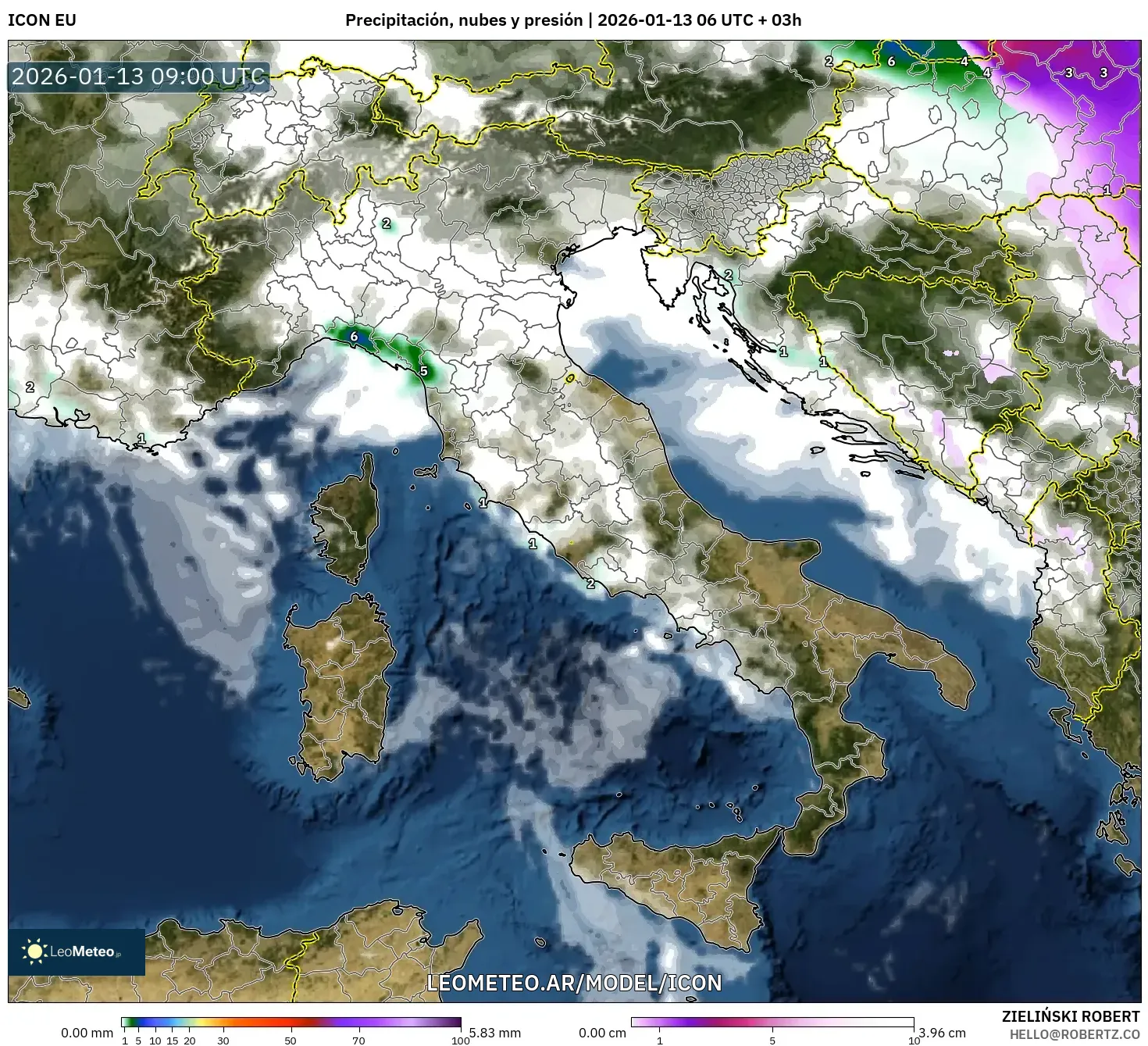 ICON model - Italia, Precipitación, nubes y presión