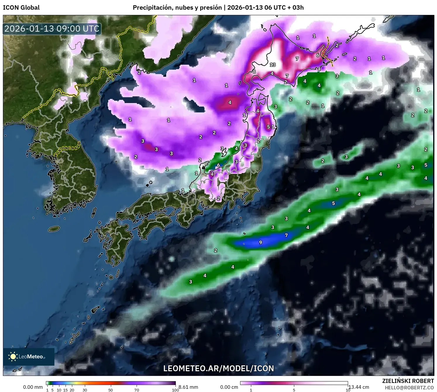 ICON model - Japón, Precipitación, nubes y presión