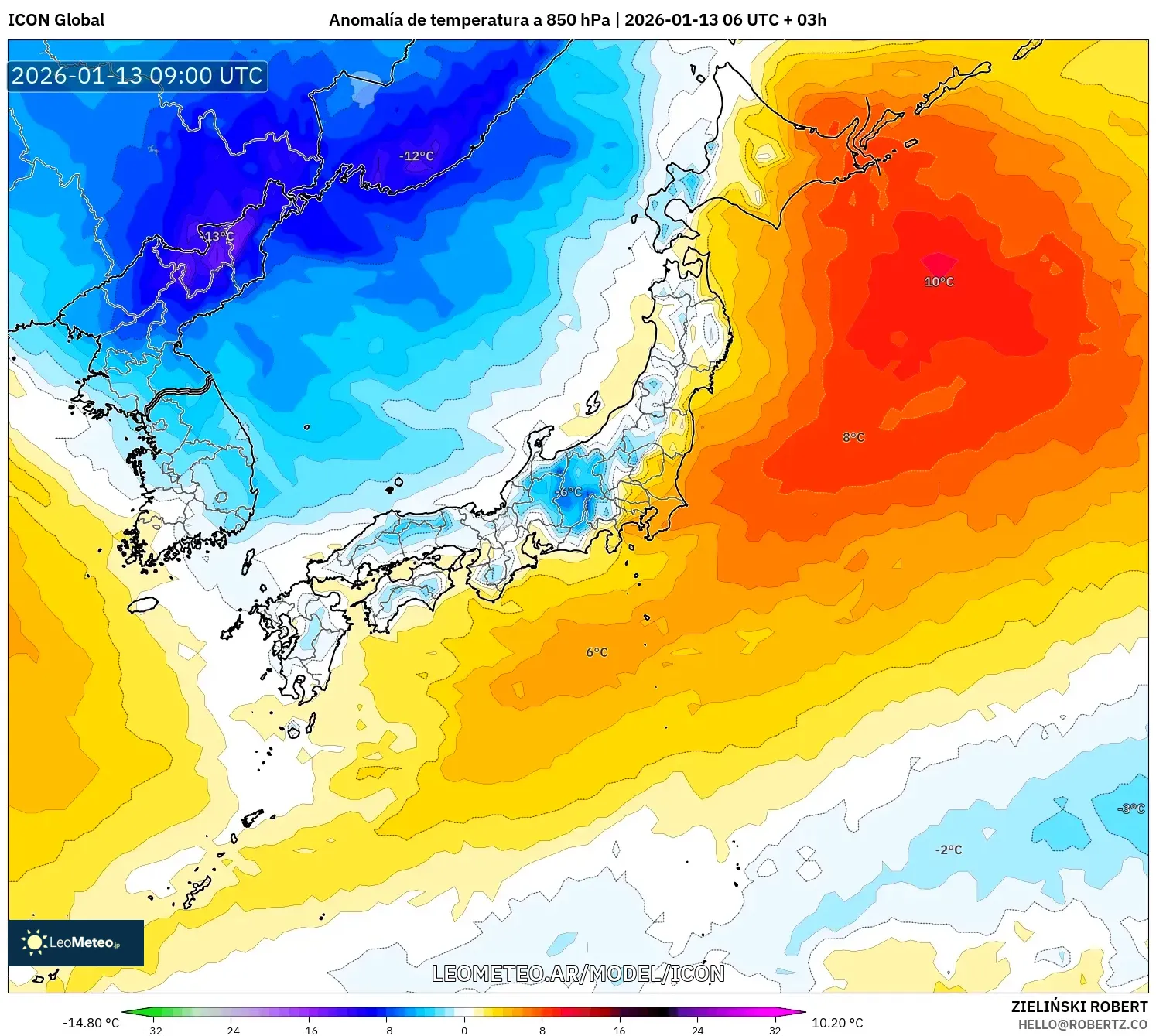 ICON model - Japón, Anomalía de temperatura a 850 hPa