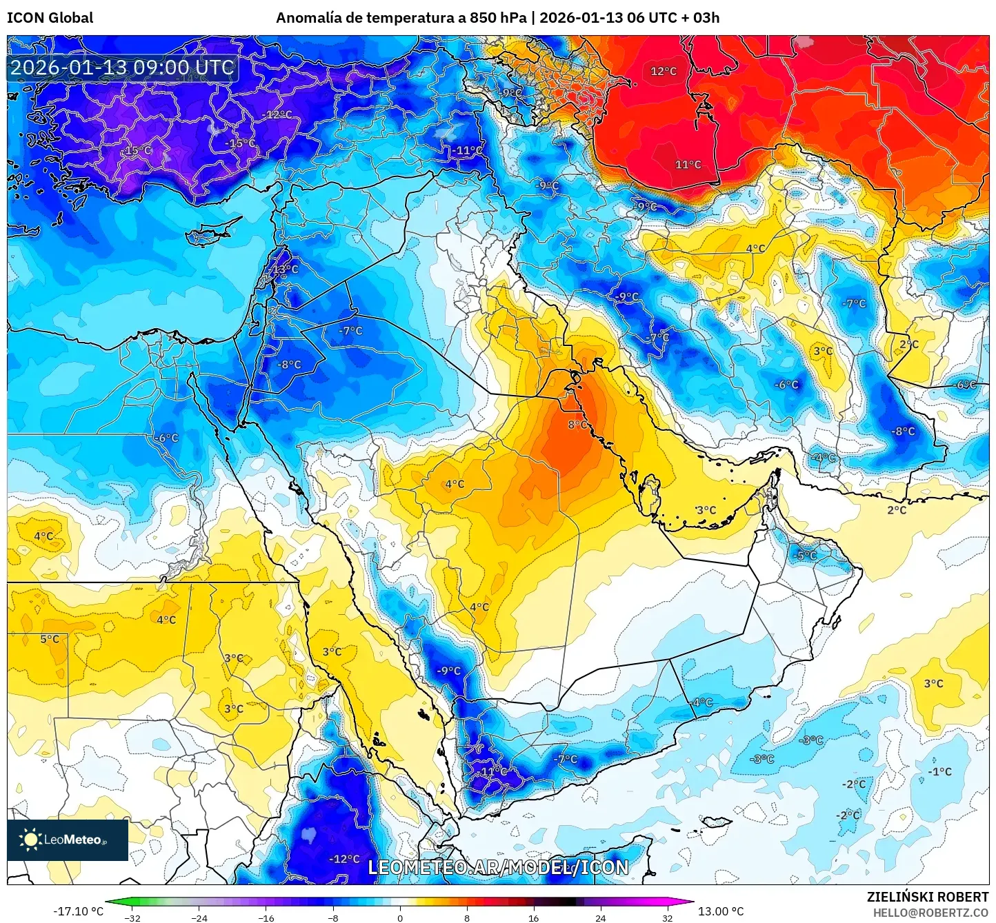 ICON model - Oriente Medio, Anomalía de temperatura a 850 hPa