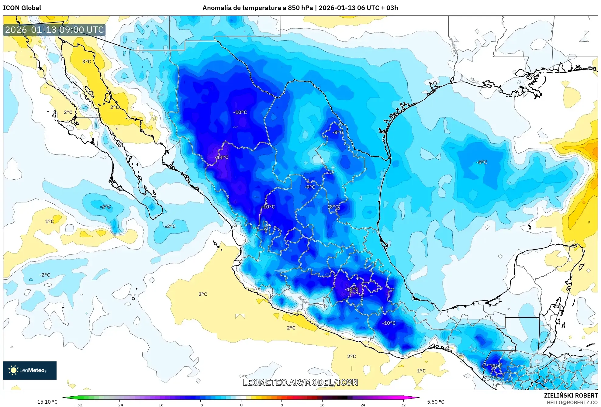 ICON model - México, Anomalía de temperatura a 850 hPa
