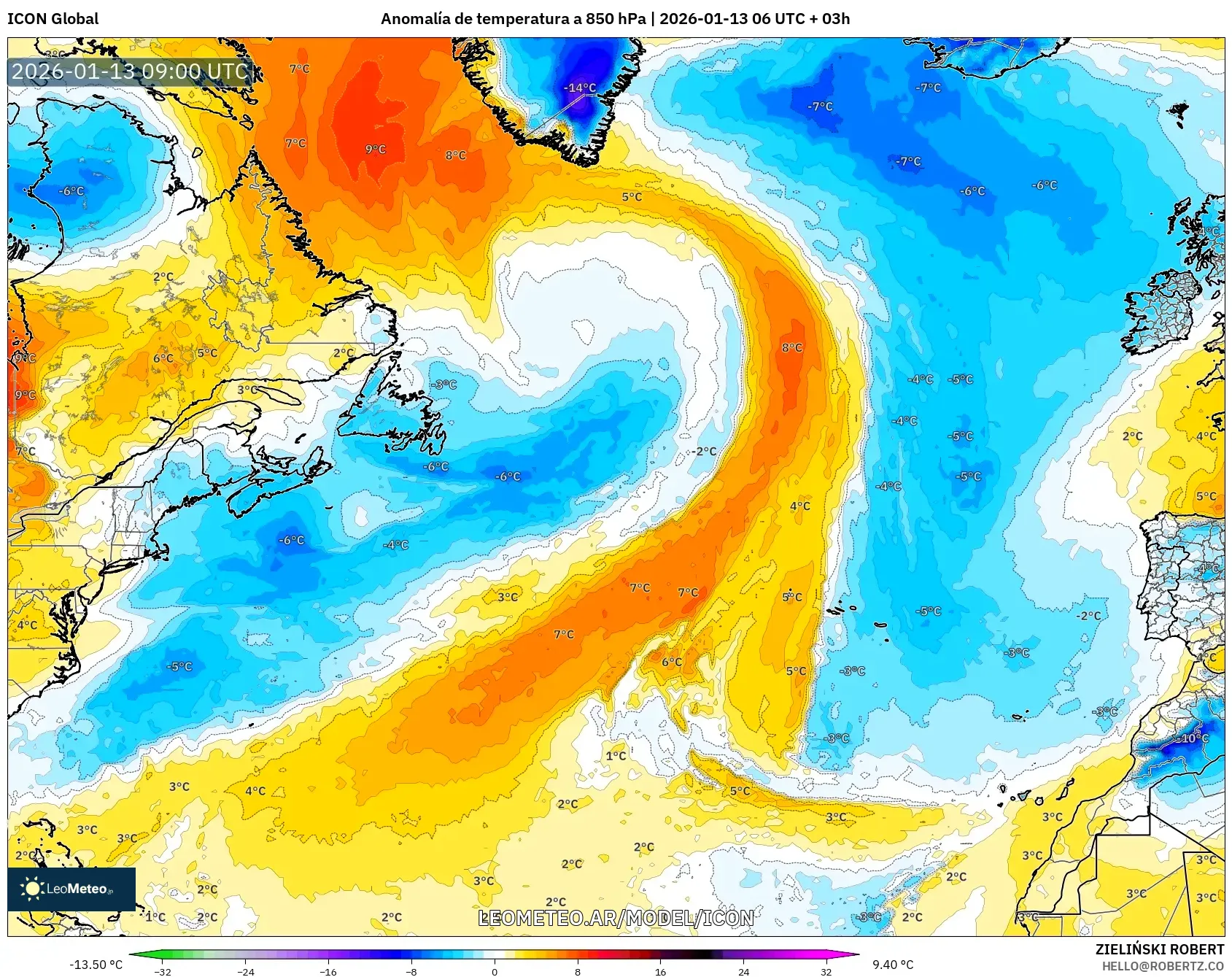 ICON model - Norte Atlántico, Anomalía de temperatura a 850 hPa