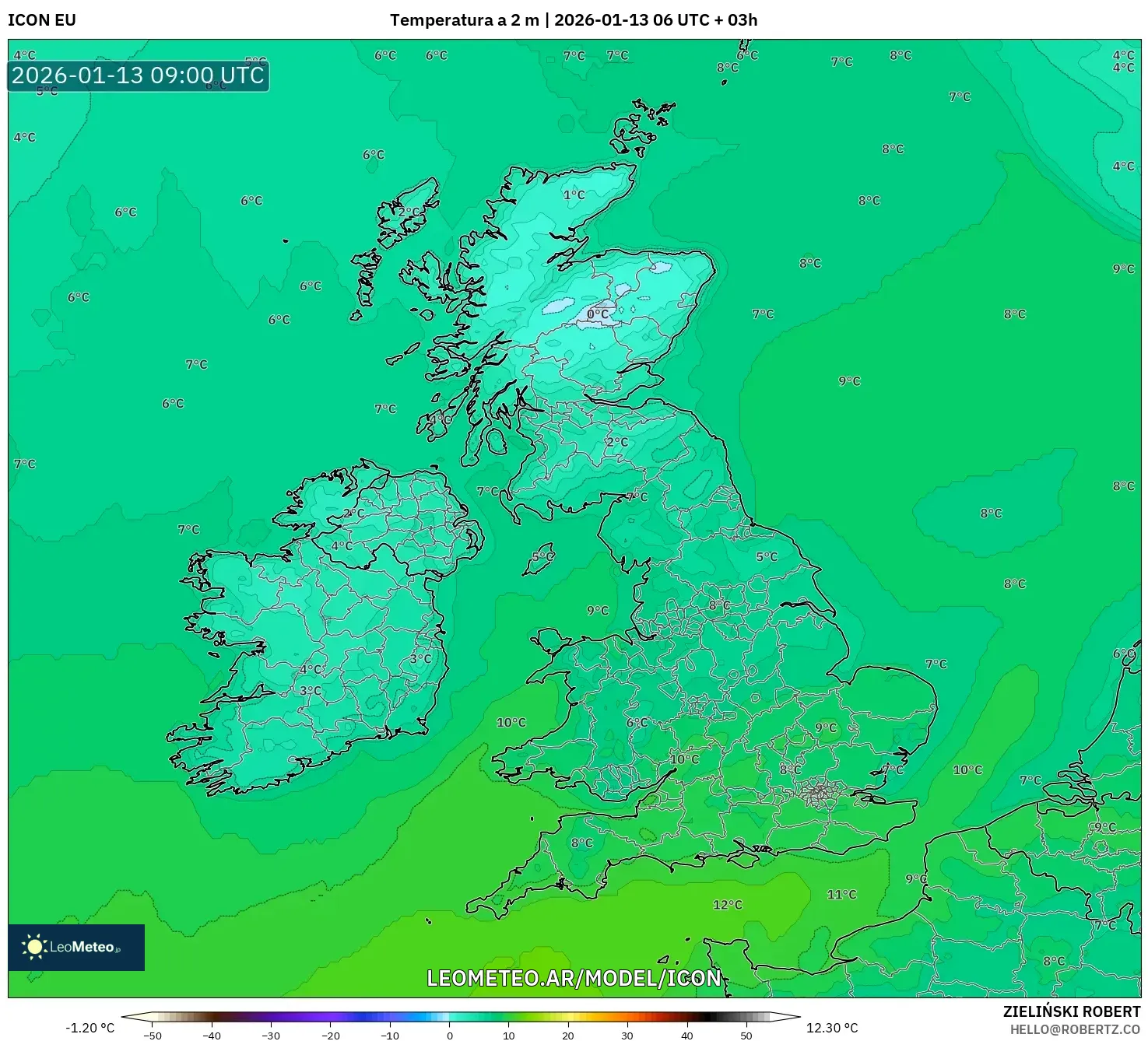 ICON model - Reino Unido, Temperatura a 2 m