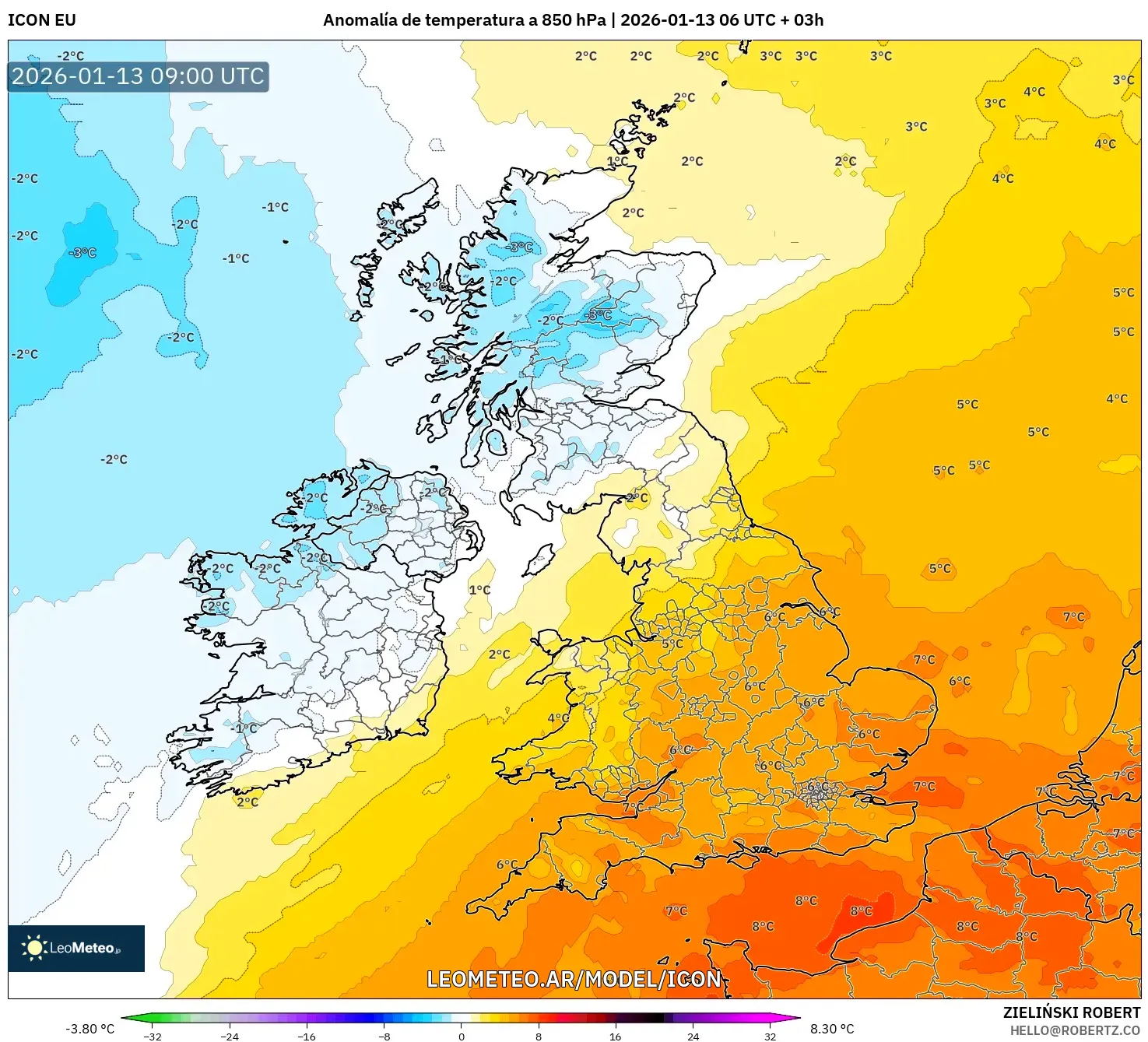 ICON model - Reino Unido, Anomalía de temperatura a 850 hPa