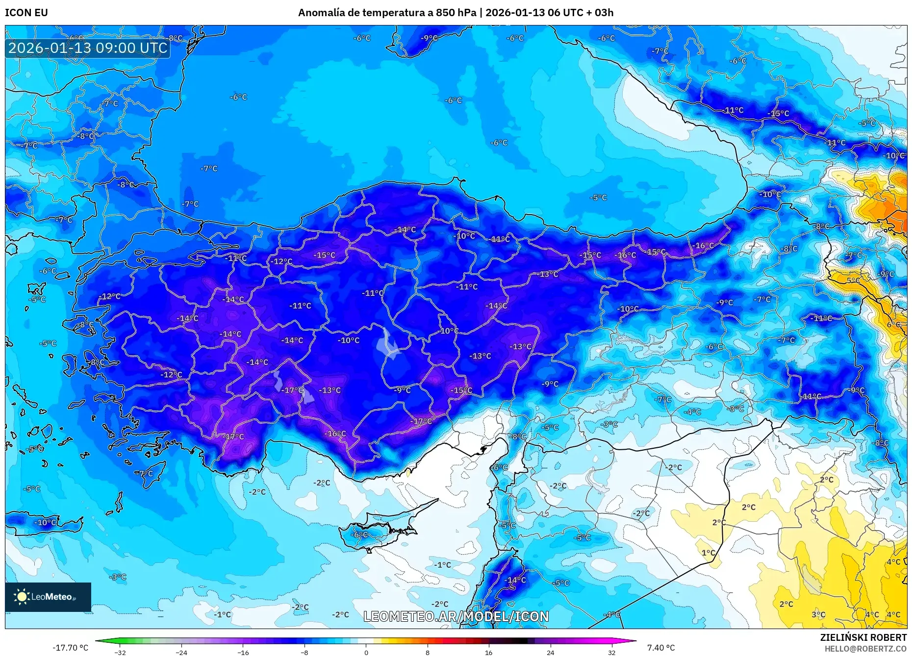 ICON model - Turquía, Anomalía de temperatura a 850 hPa