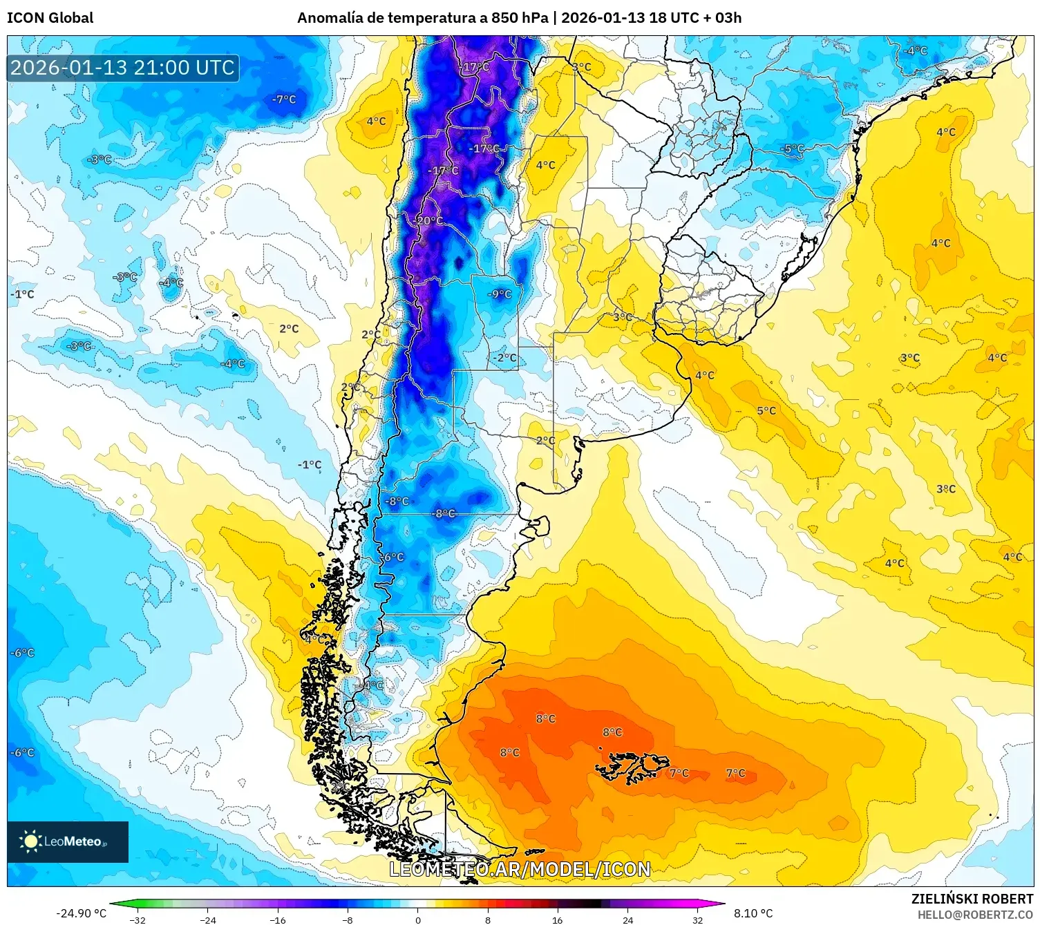 ICON model - Argentina, Anomalía de temperatura a 850 hPa