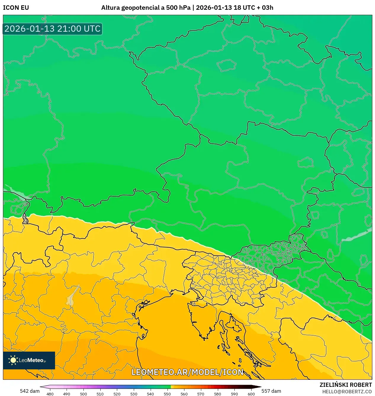 ICON model - Austria, Altura geopotencial a 500 hPa