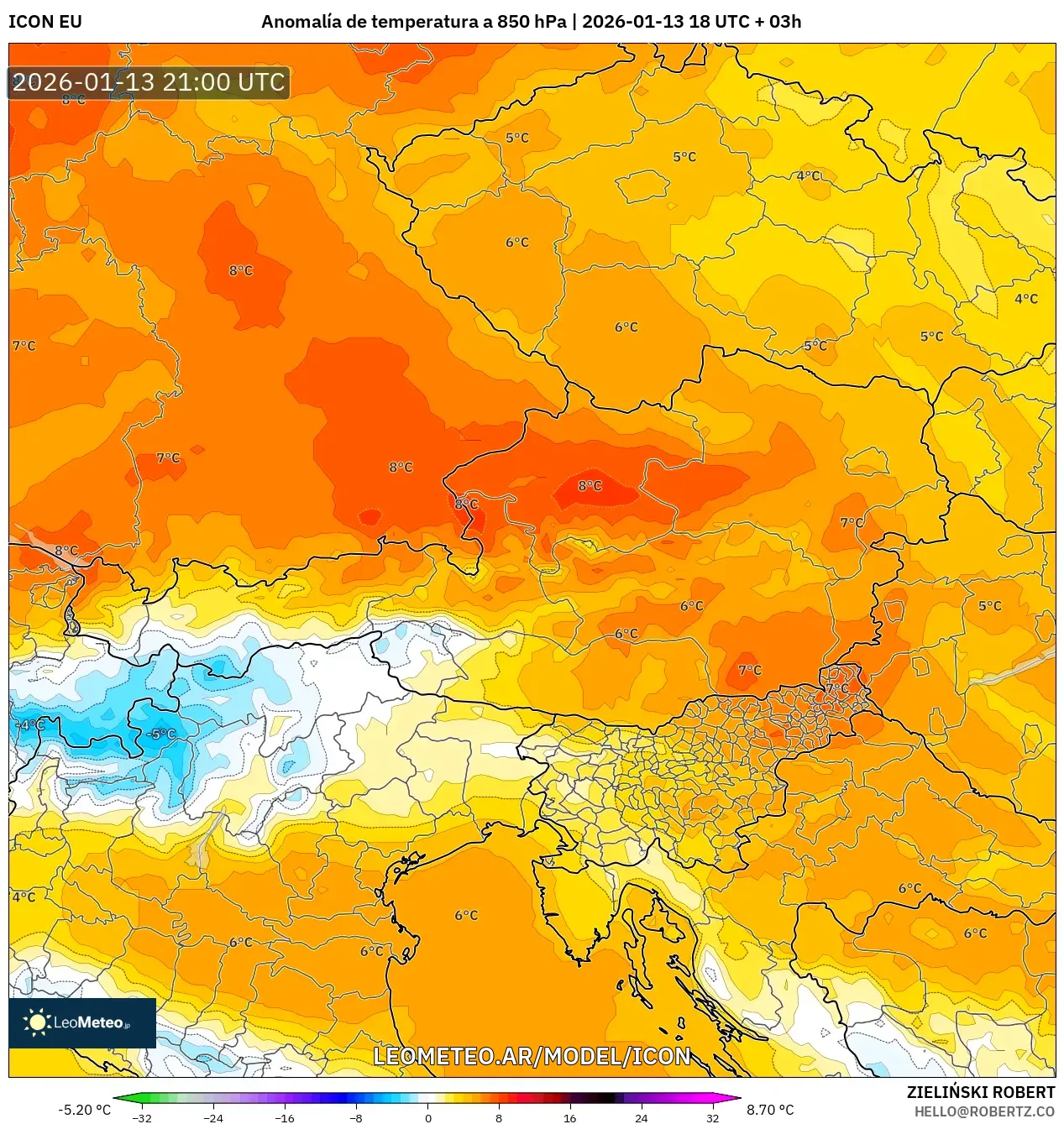 ICON model - Austria, Anomalía de temperatura a 850 hPa