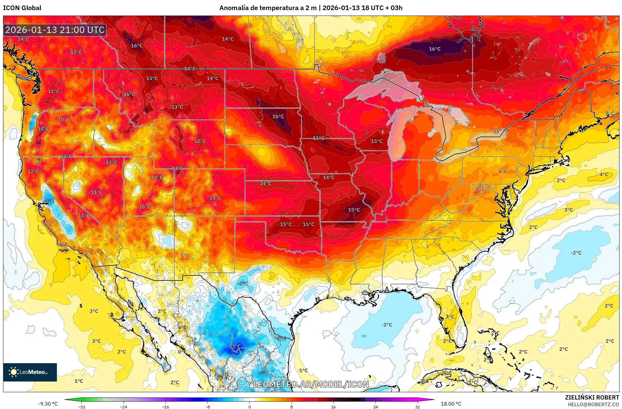 ICON model - Estados Unidos, Anomalía de temperatura a 2 m