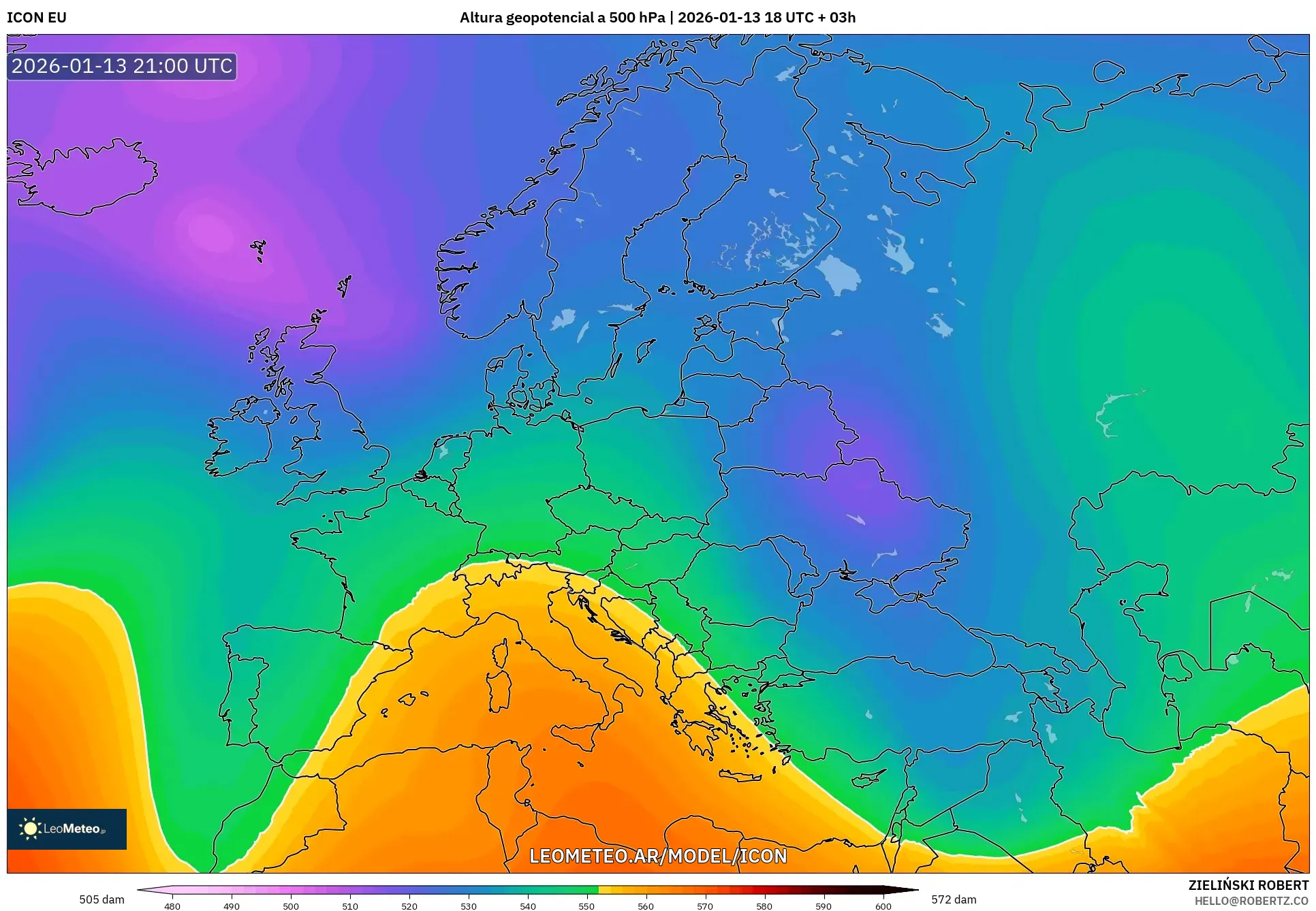 ICON model - Europa, Altura geopotencial a 500 hPa
